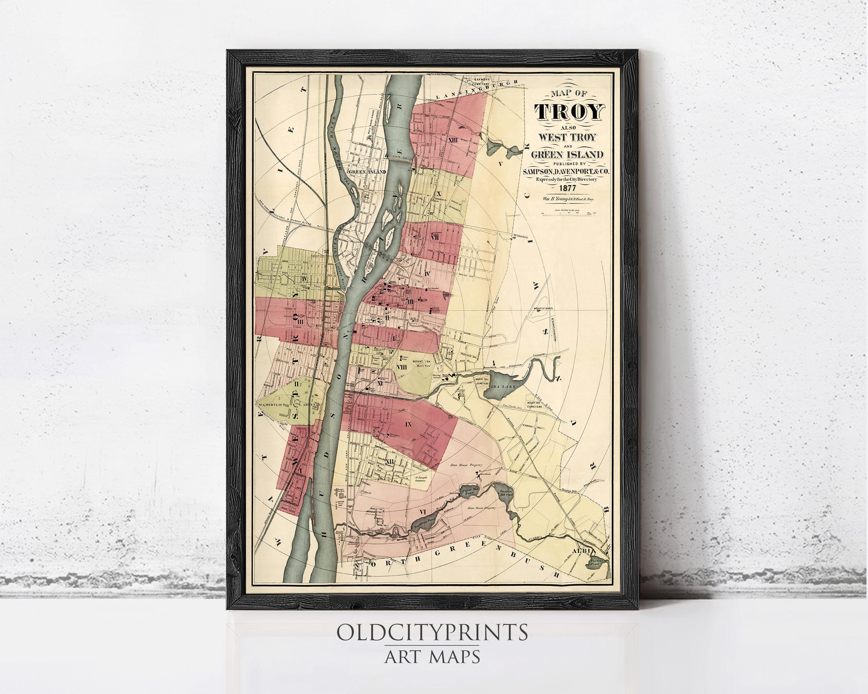 The image is a framed vintage map of Troy, West Troy, and Green Valley, Pennsylvania, dated 1877.
