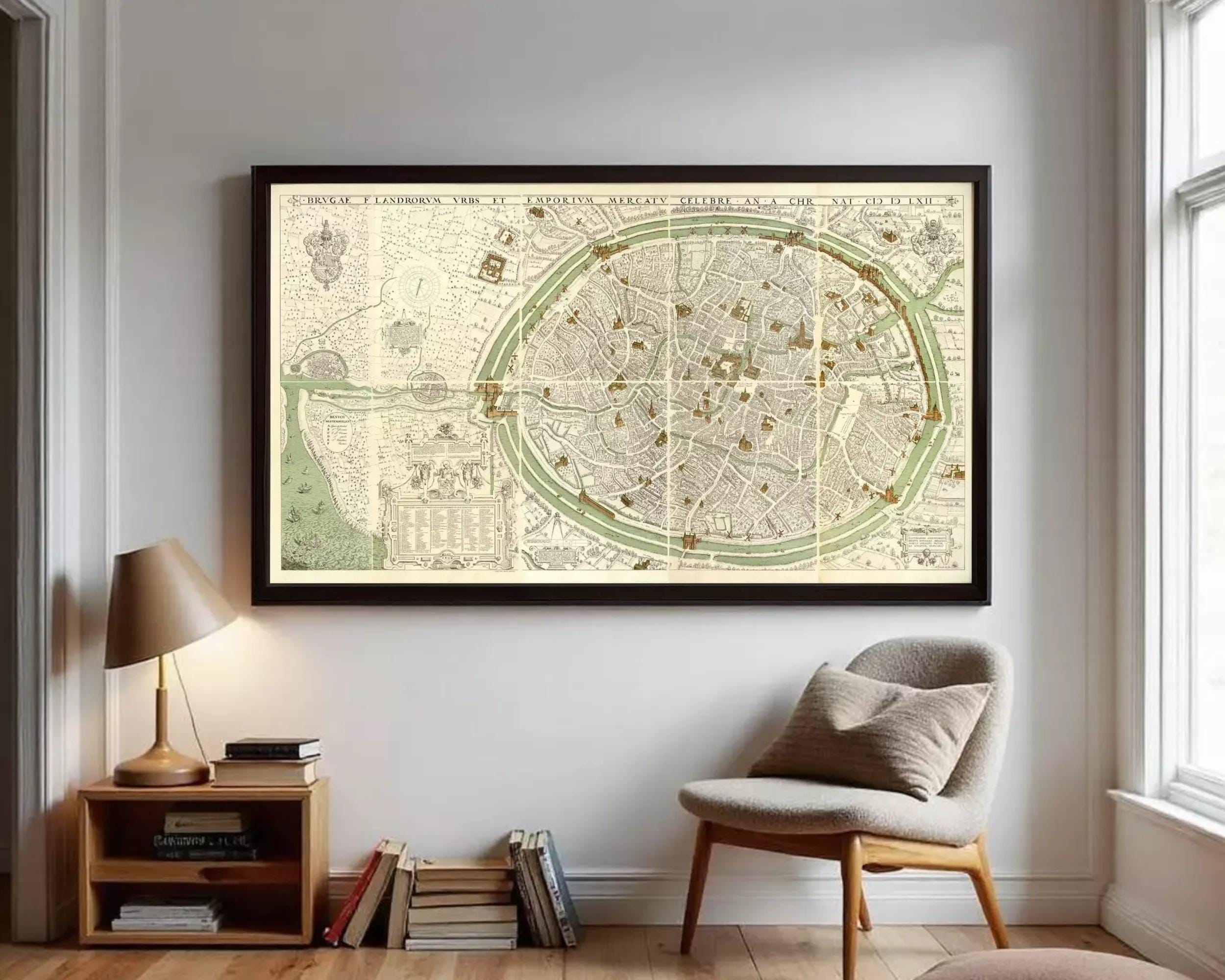 The image is a framed vintage map of a city, depicting a detailed layout of streets, buildings, and other landmarks.