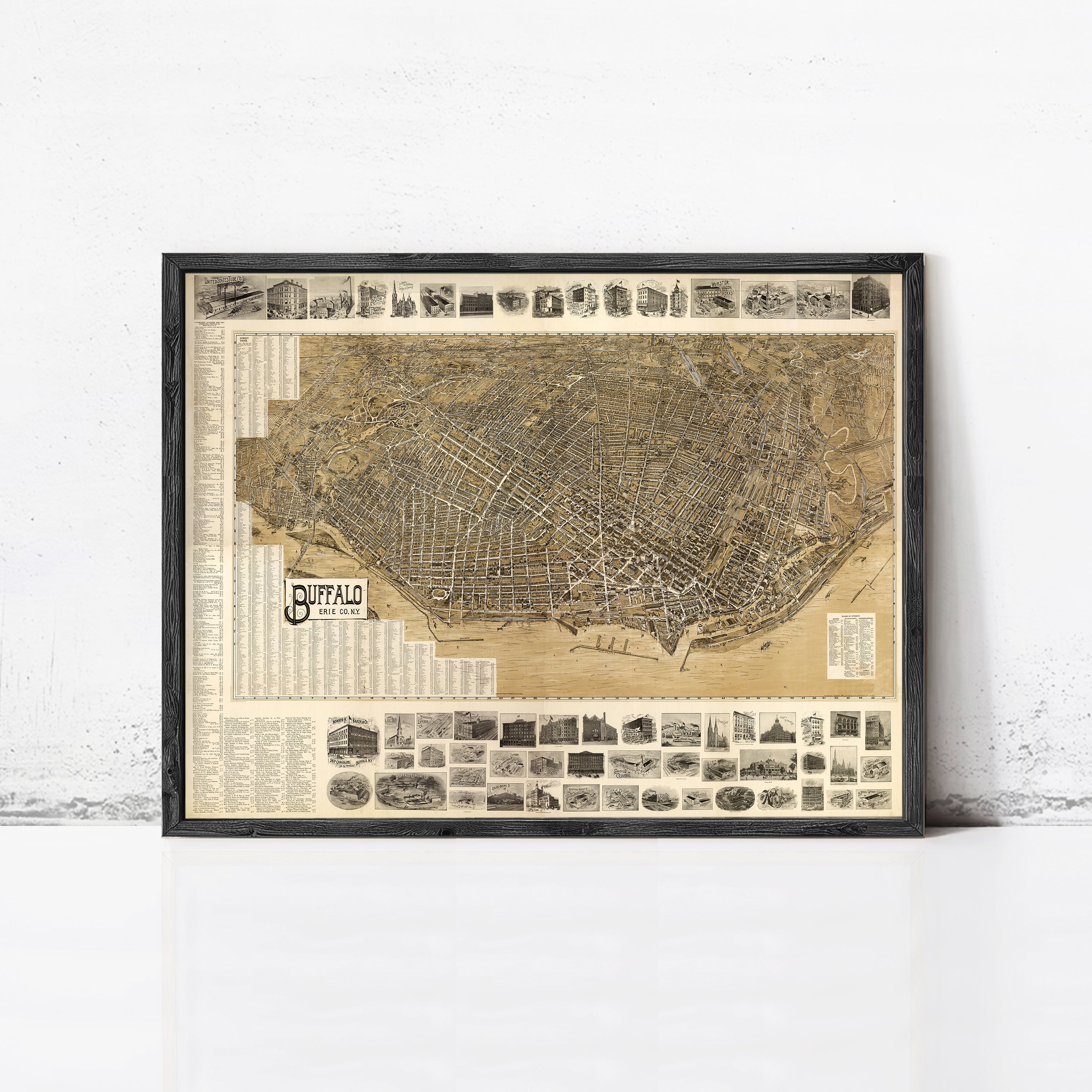 The image is a framed vintage map of Buffalo, New York, with various landmarks and streets labeled.
