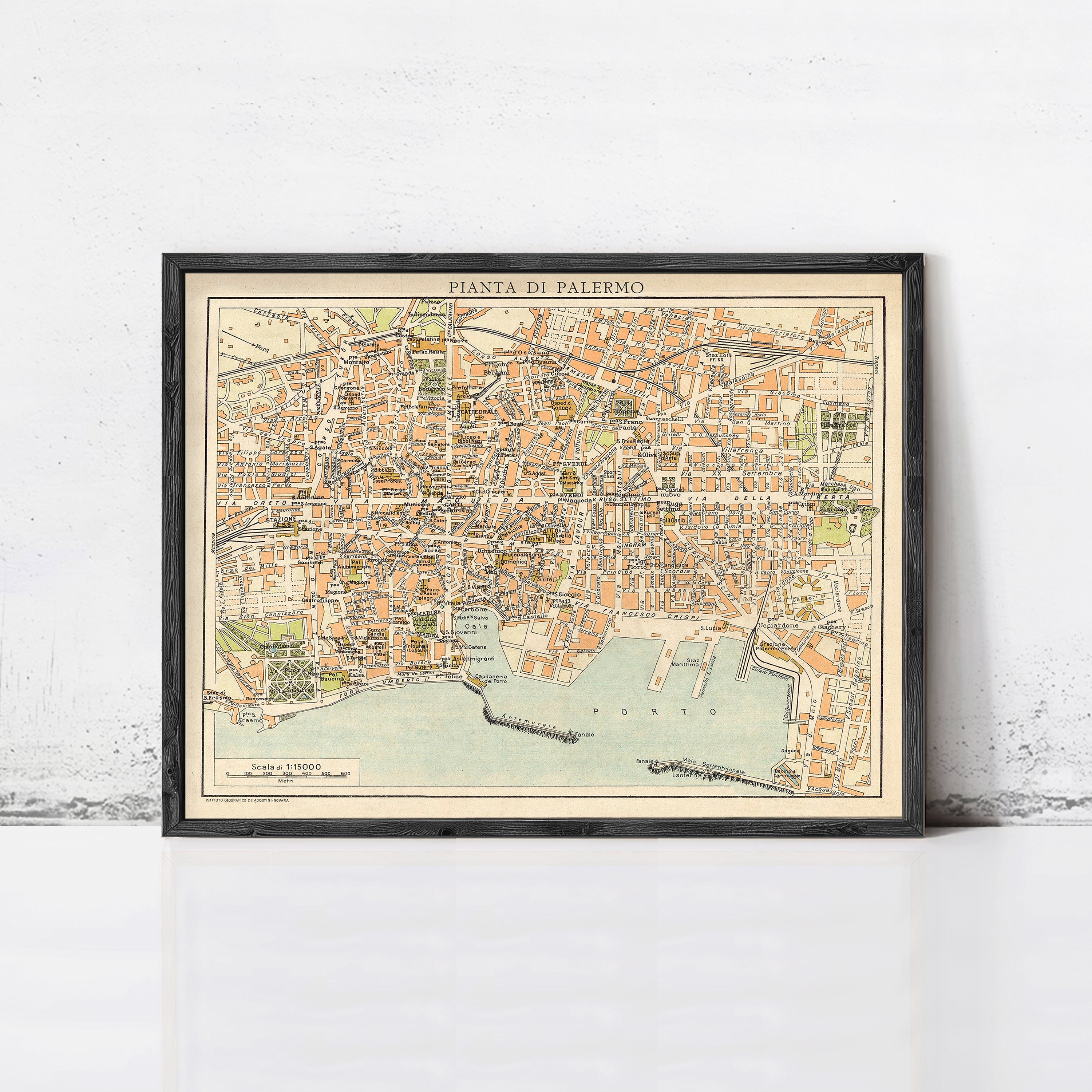 The image is a framed vintage map of the city of Palermo, Italy, depicting the city's streets, landmarks, and surrounding areas.