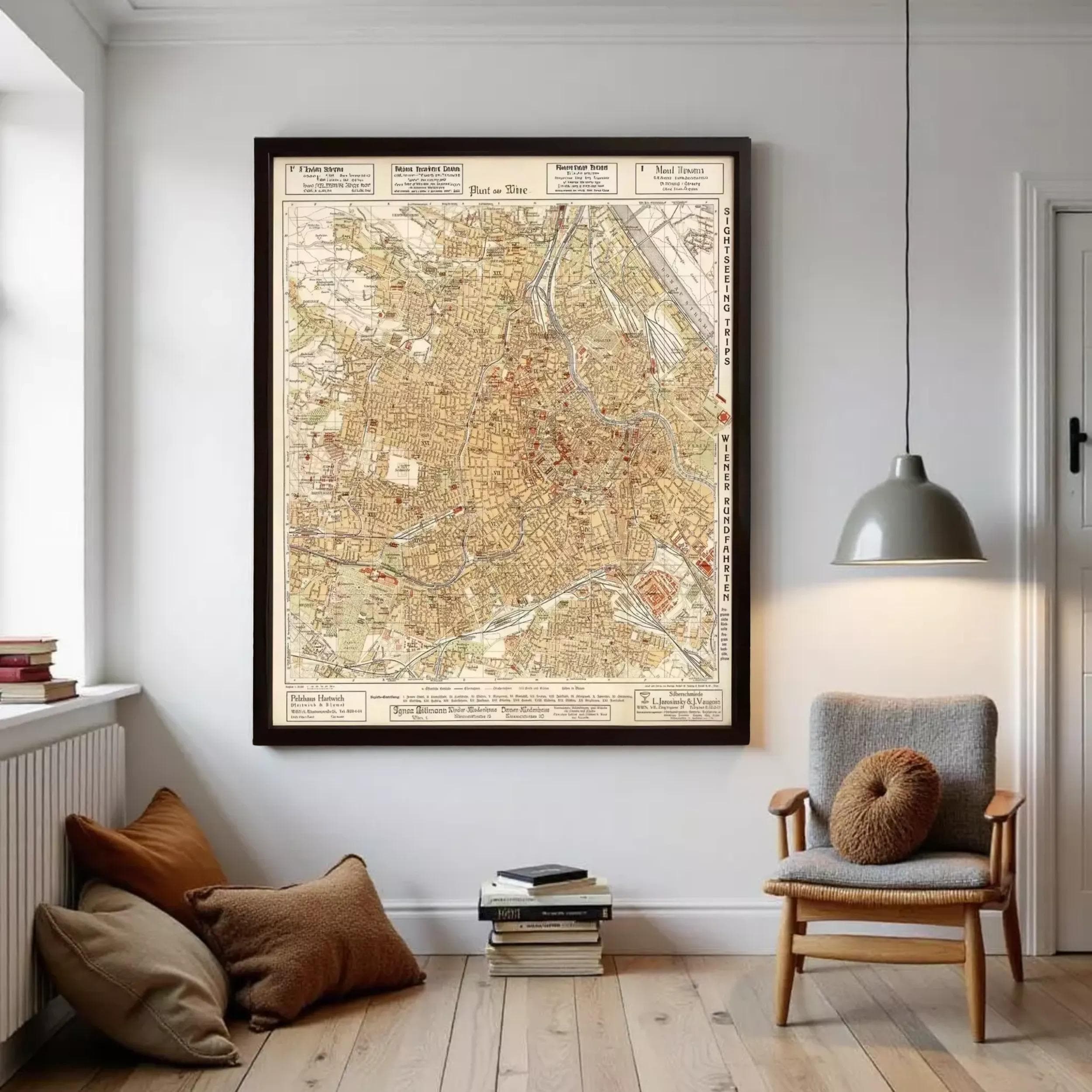 The image is a framed vintage map of a city, likely Paris, with various landmarks and streets labeled.