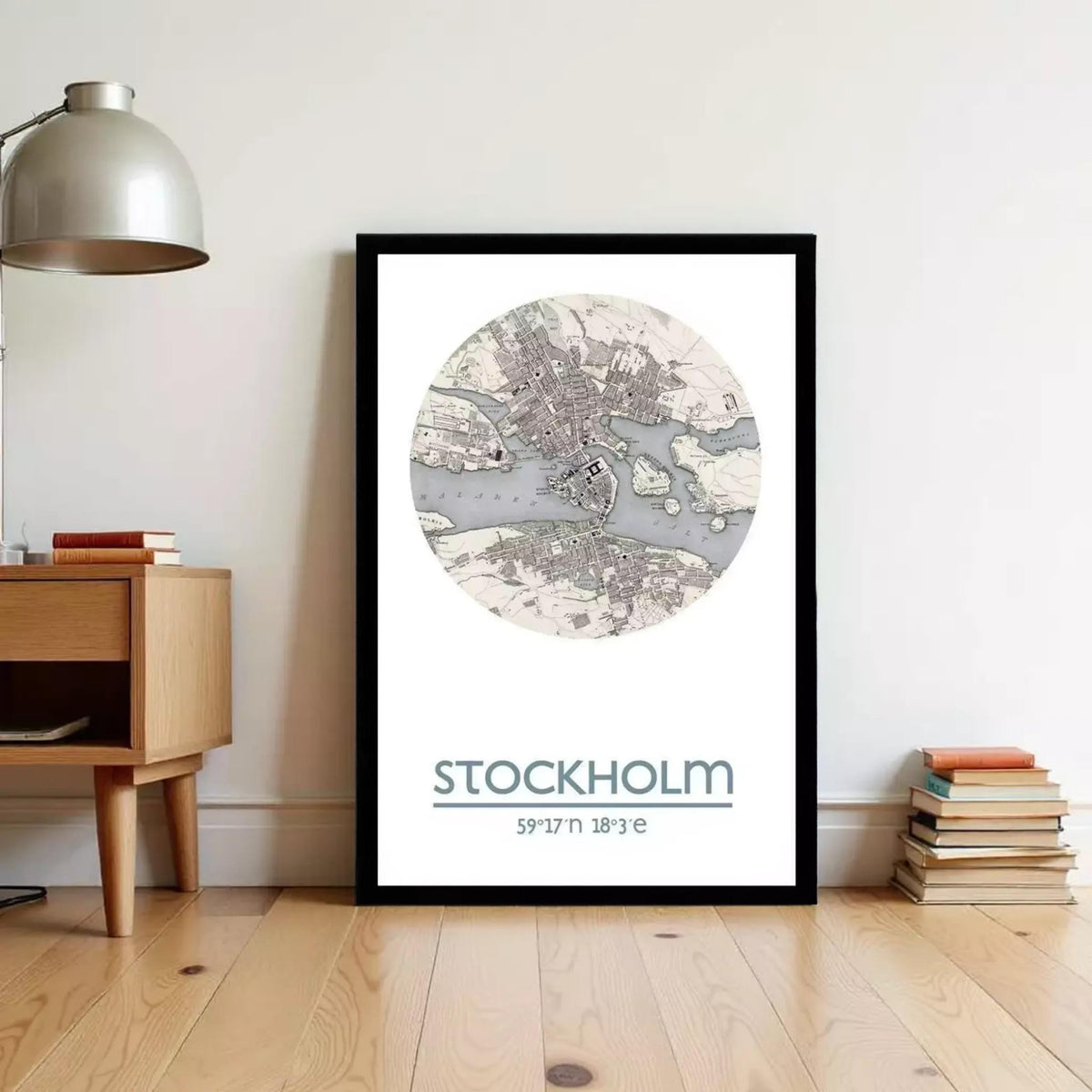 a framed map of Stockholm, Sweden, with the text "Stockholm" and the date "59°17'n 18°3" below the map.
