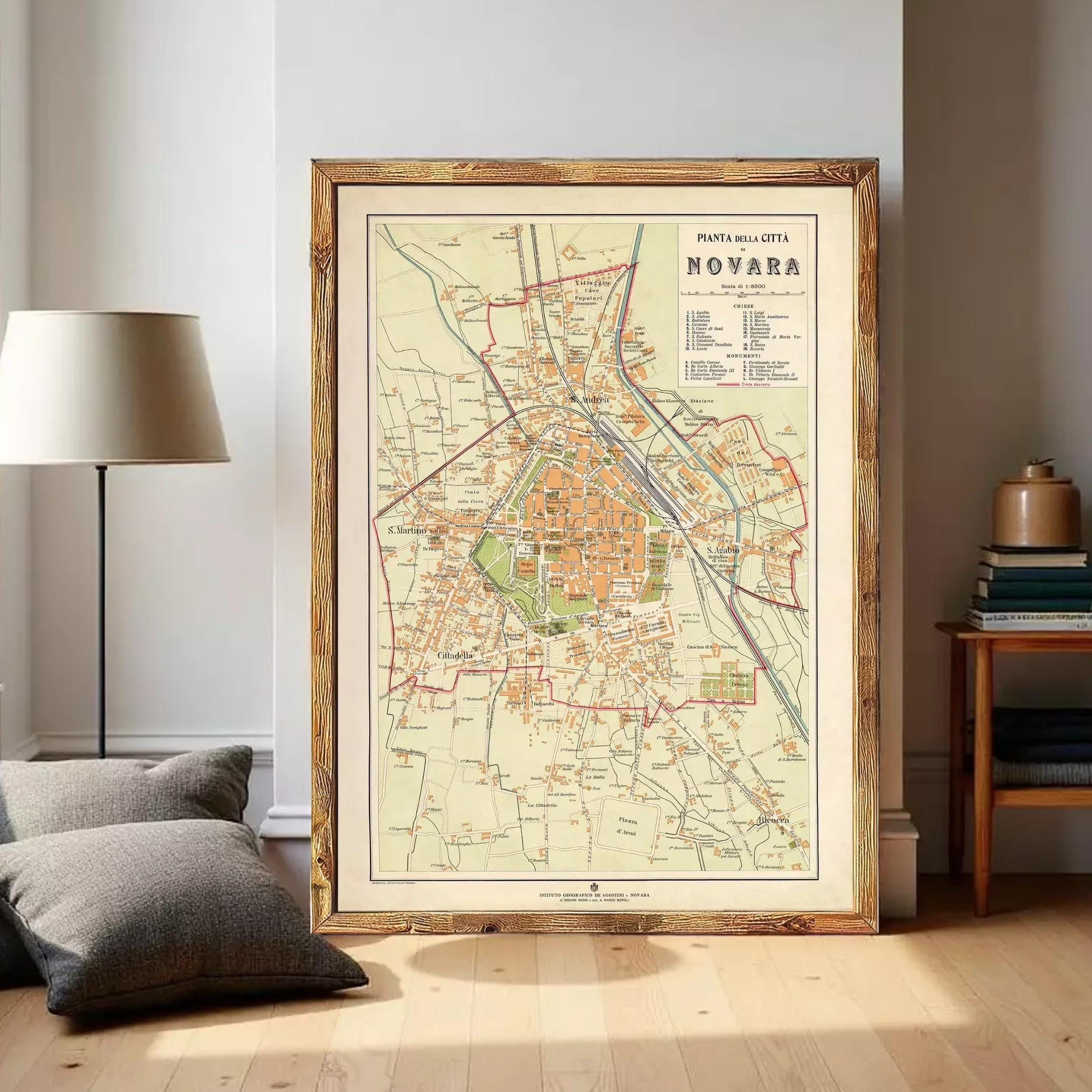 The image is a framed vintage map of Novara, showing the layout of the city and surrounding areas.