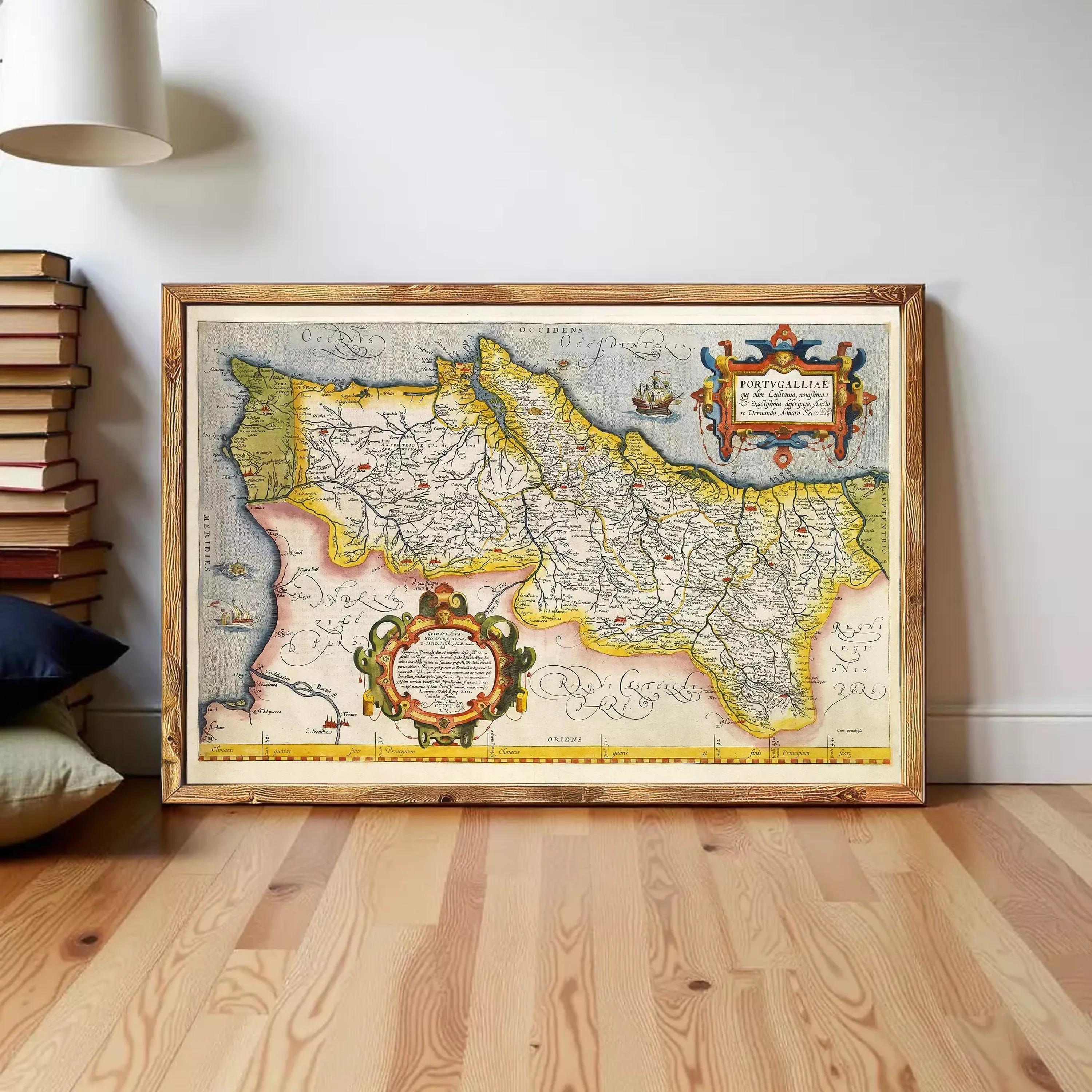 The image is a framed antique map of a region, possibly a coastal area, with intricate details and a decorative border.