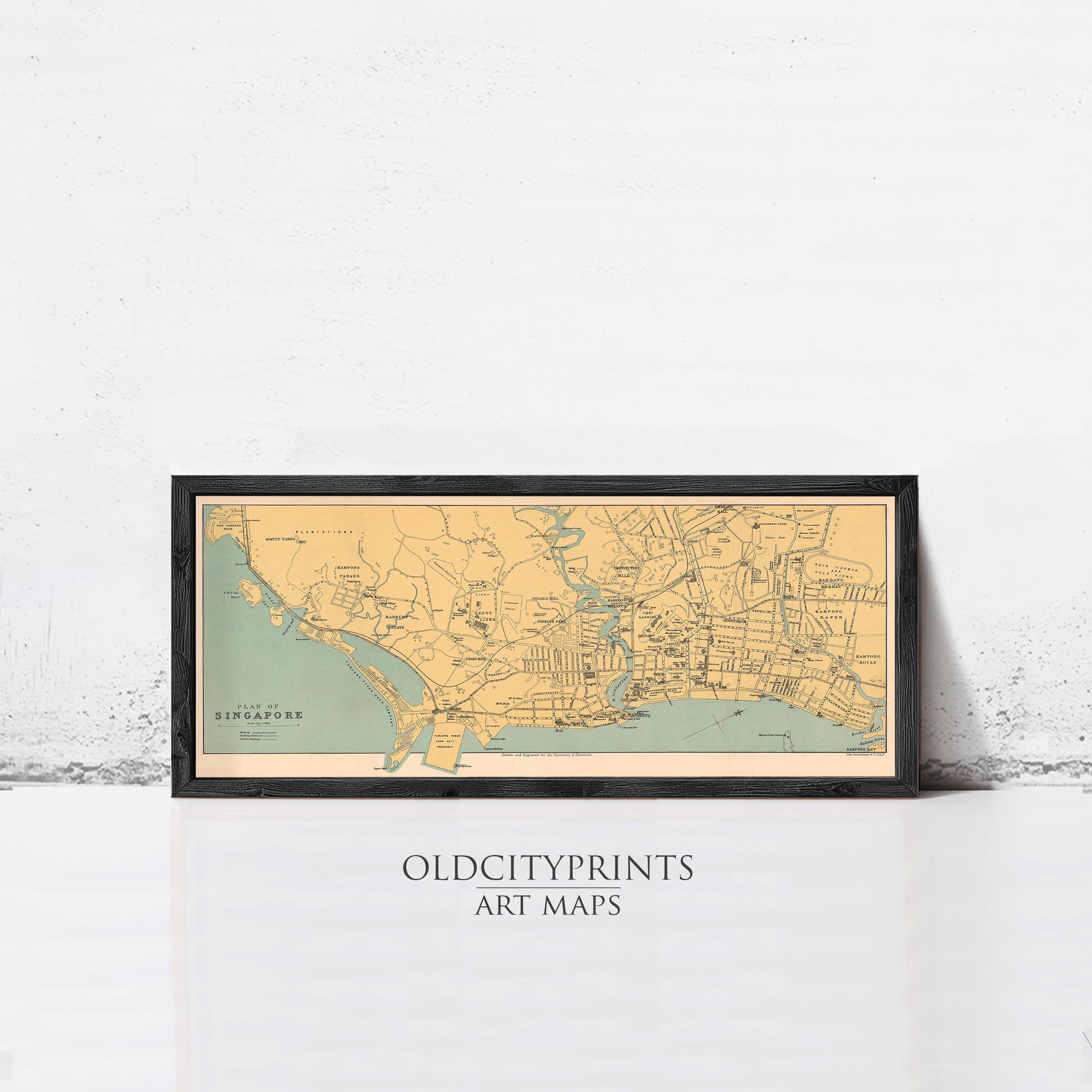 A framed map of Singapore, with a black border and yellow and green color scheme, displayed against a white wall.
