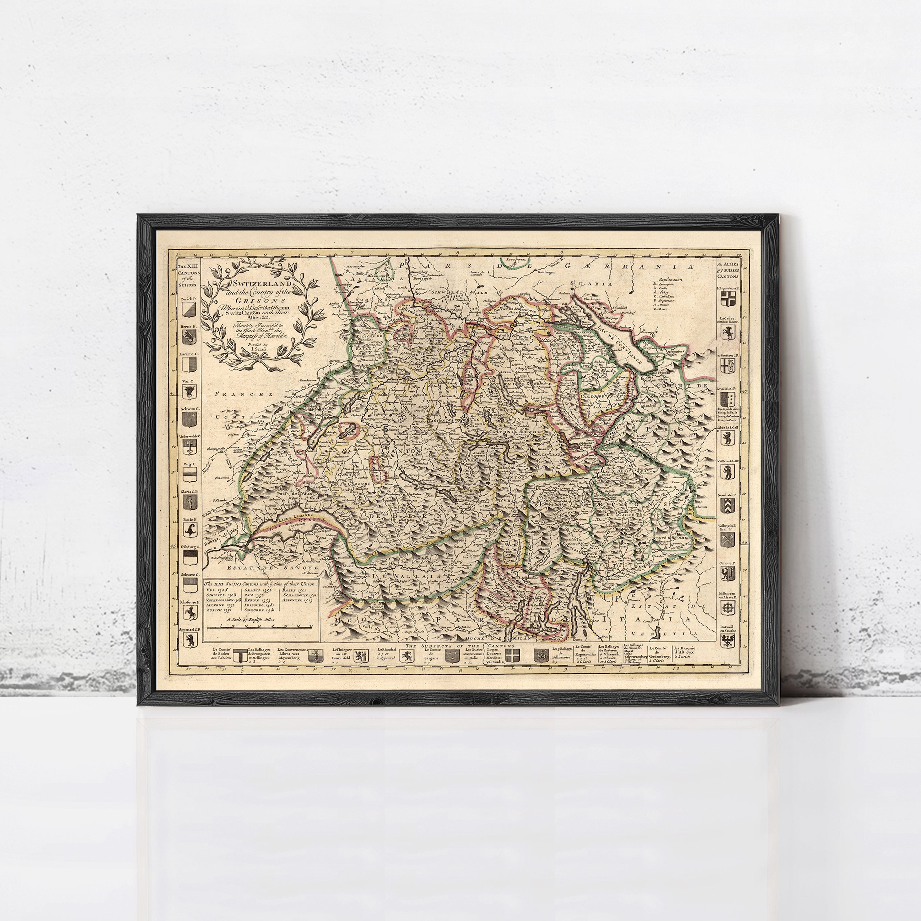 The image is a framed antique map of Europe, featuring detailed geographical information and various symbols and labels.