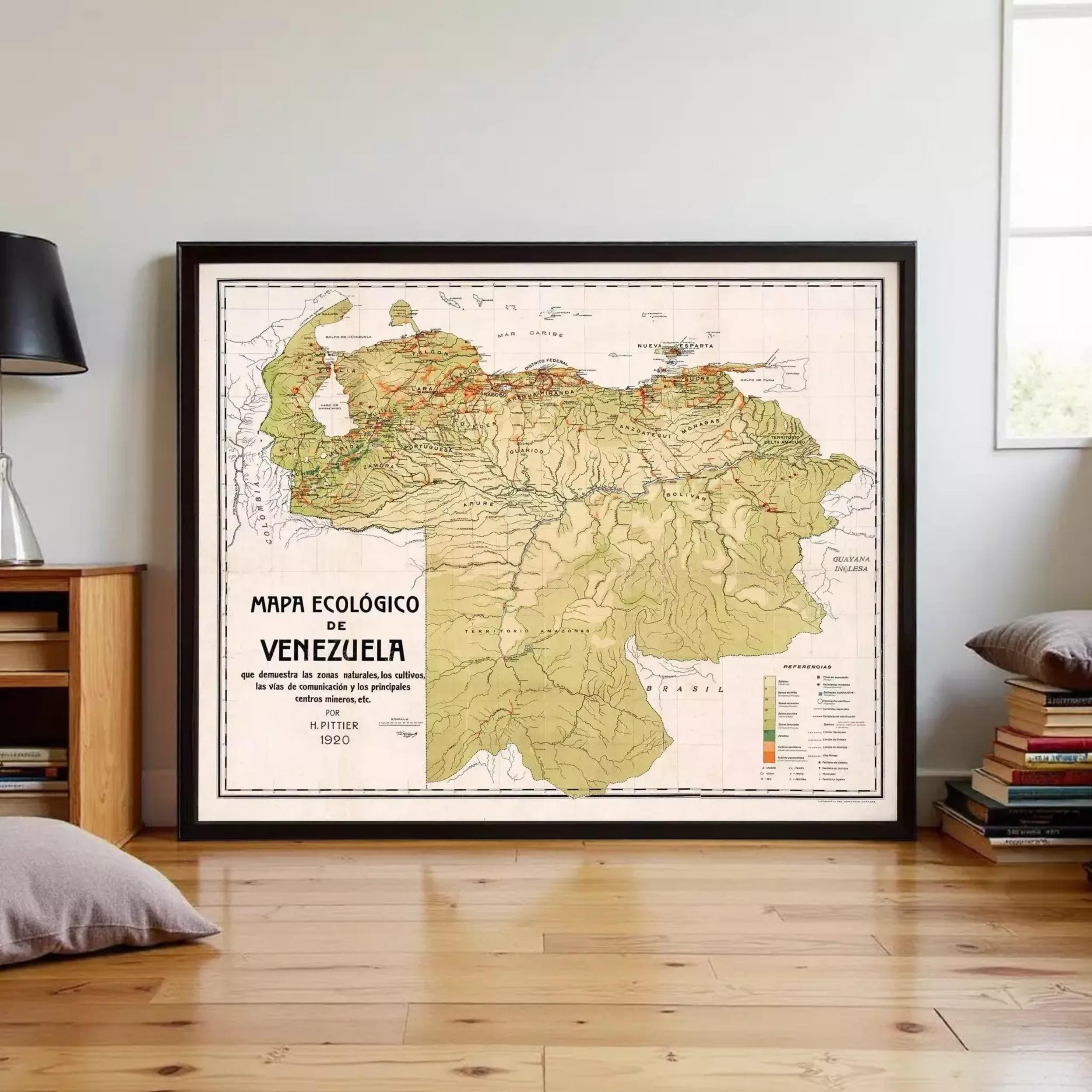 The image is a framed map of Venezuela, depicting the country's geographical features and boundaries.