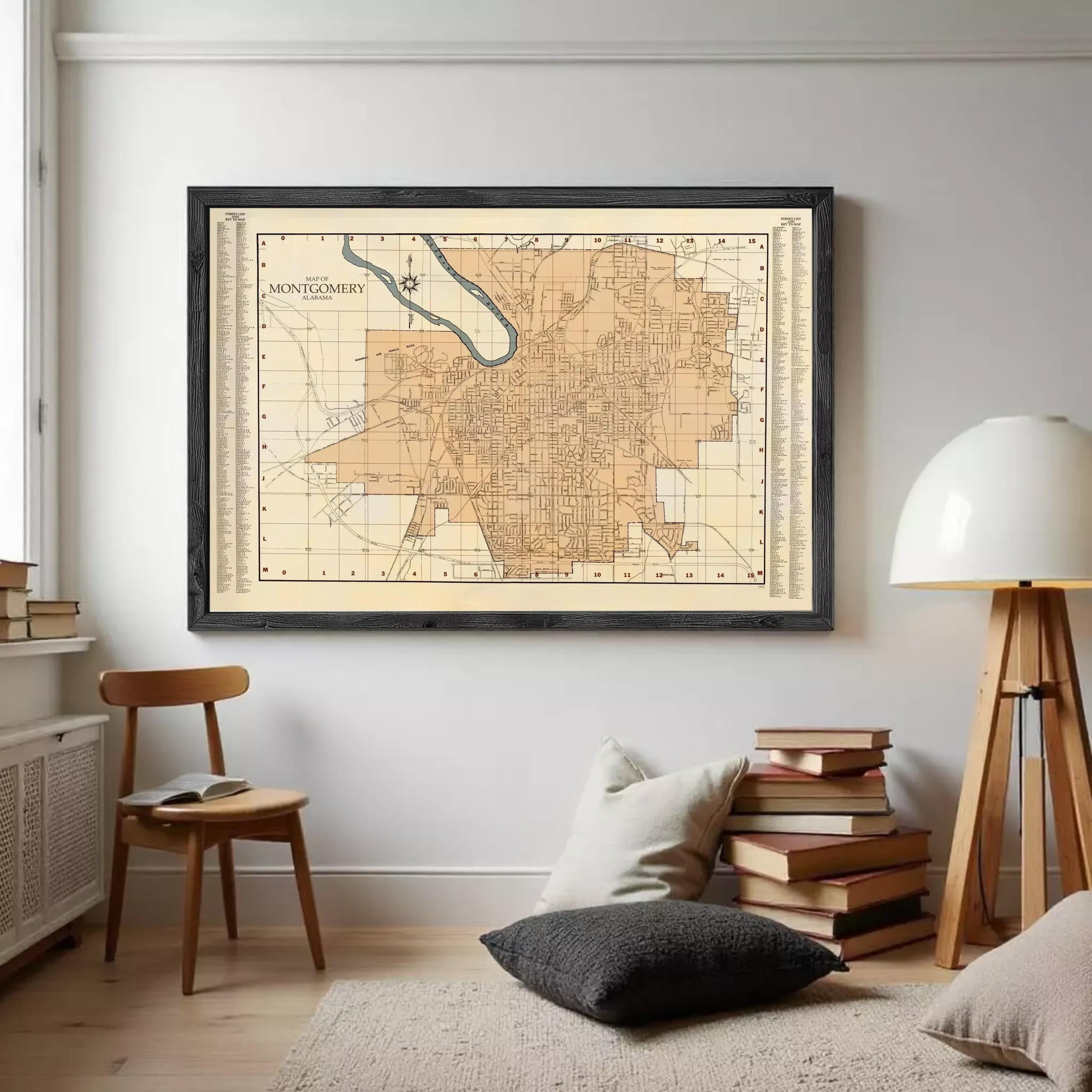 The image is a framed map of the city of Montgomery, Alabama, with a black border and a beige background.