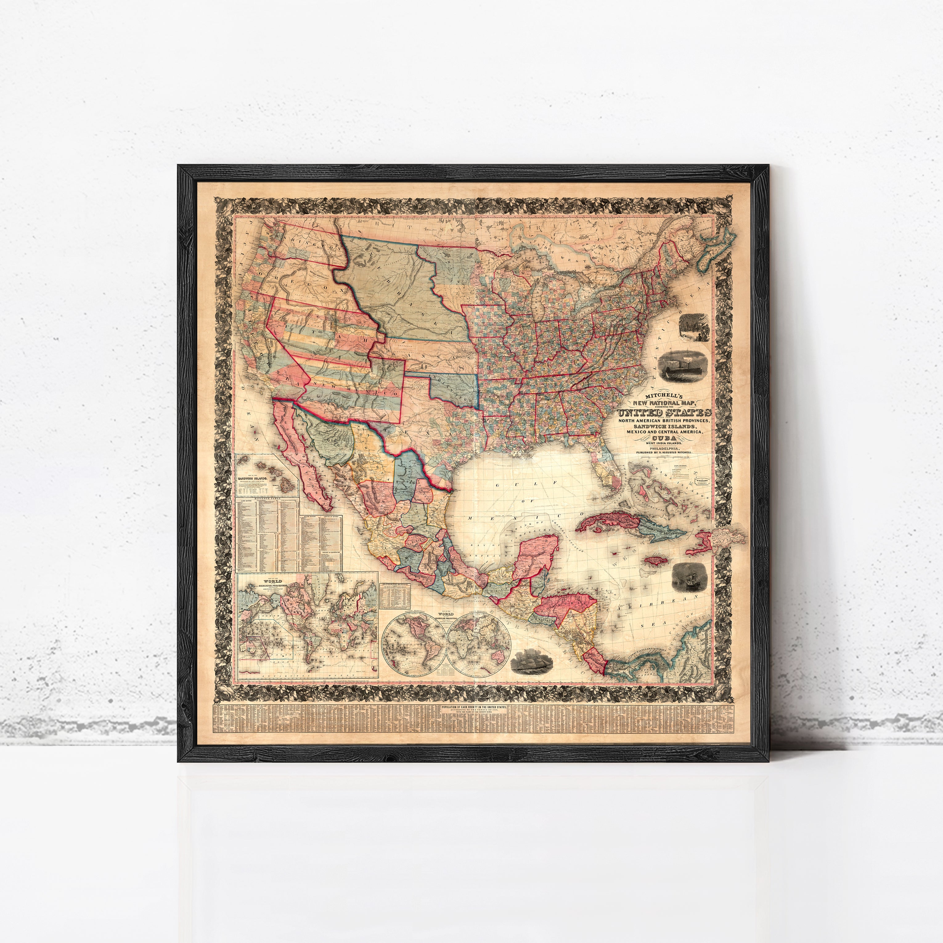 The image is a framed antique map of the United States and Mexico, depicting the geographical layout and boundaries of the two countries.