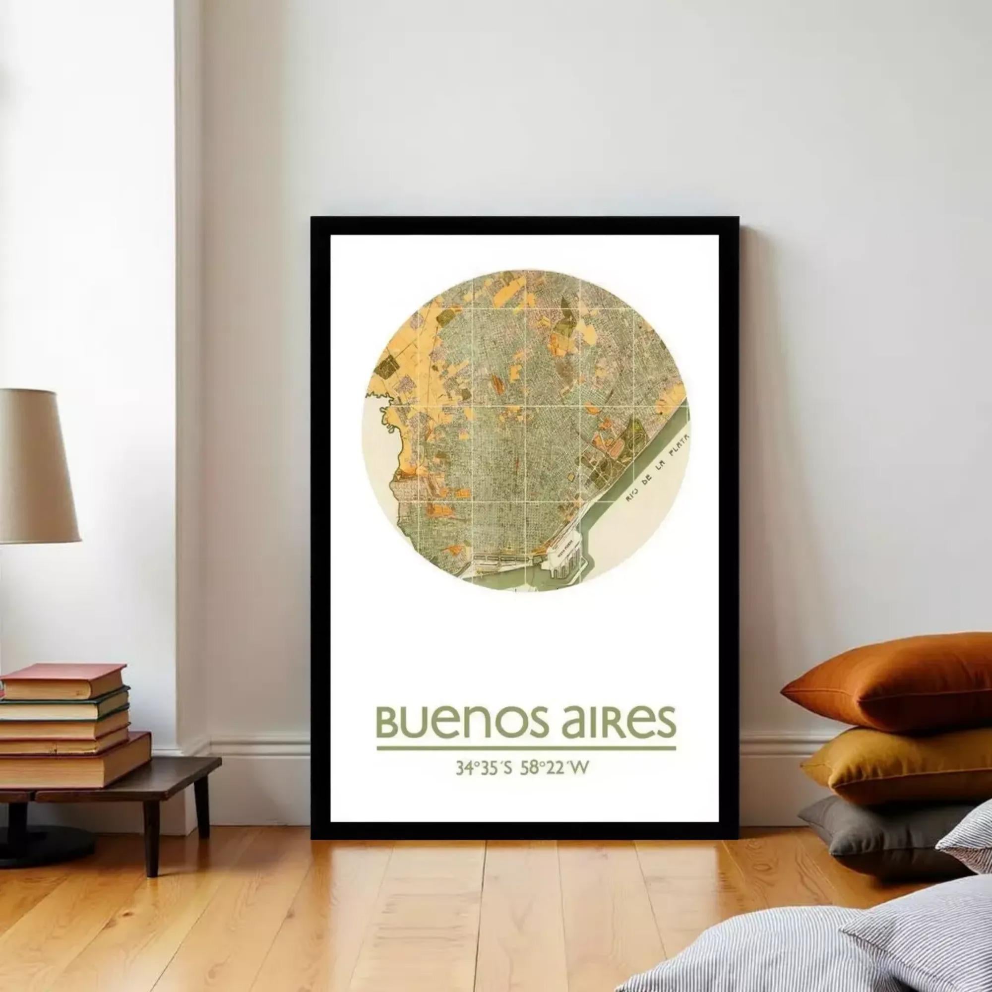 A framed map of Buenos Aires, Argentina, with the text "Buenos Aires 34.35°S 58.22°W" printed on it.
