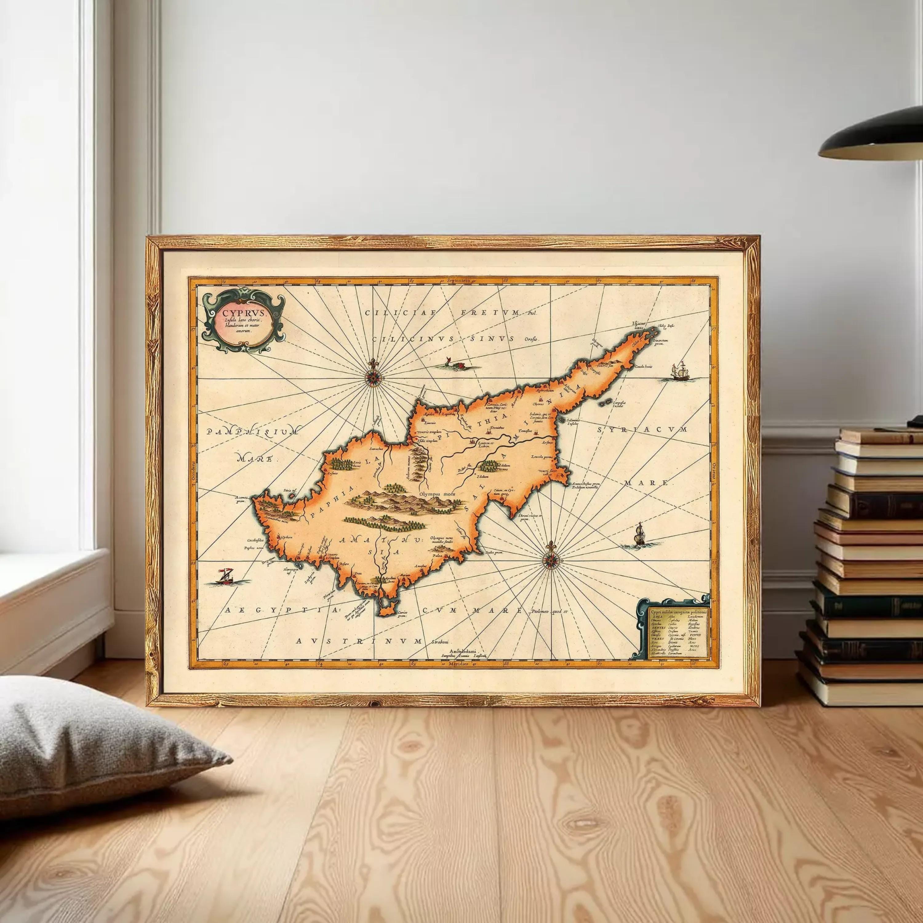 The image is a framed vintage map of the island of Cyprus, depicting the country's geographical layout and surrounding areas.