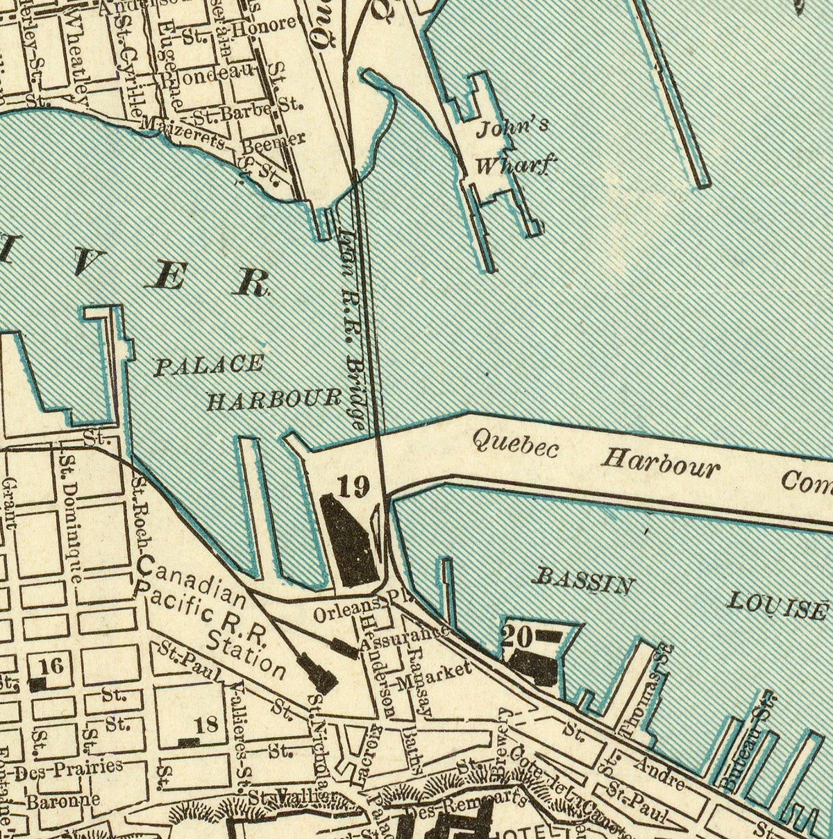 The image is a detailed map of a city, showing streets, landmarks, and bodies of water.
