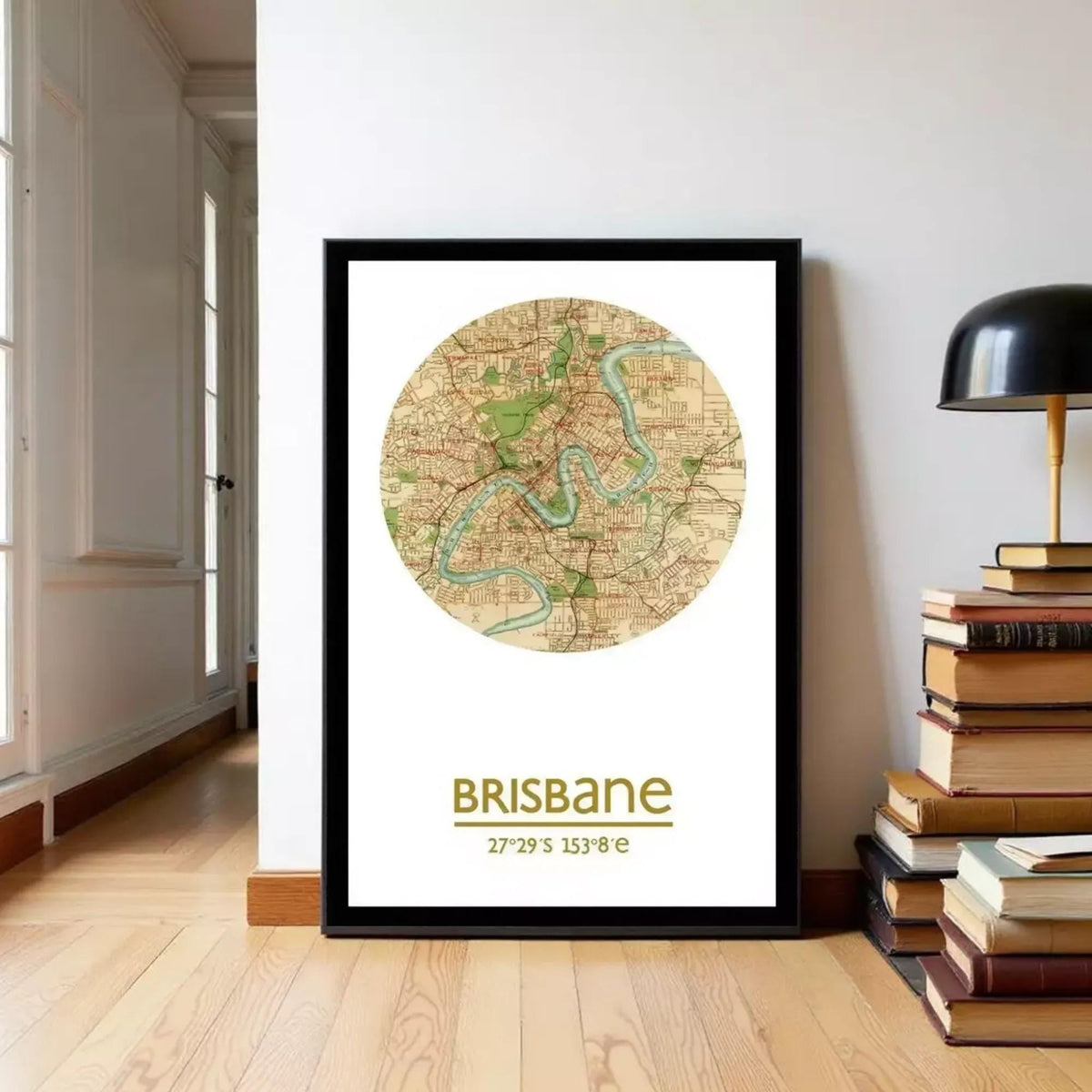 A framed map of Brisbane, Australia, with the city's location and date of 27.29.1953.