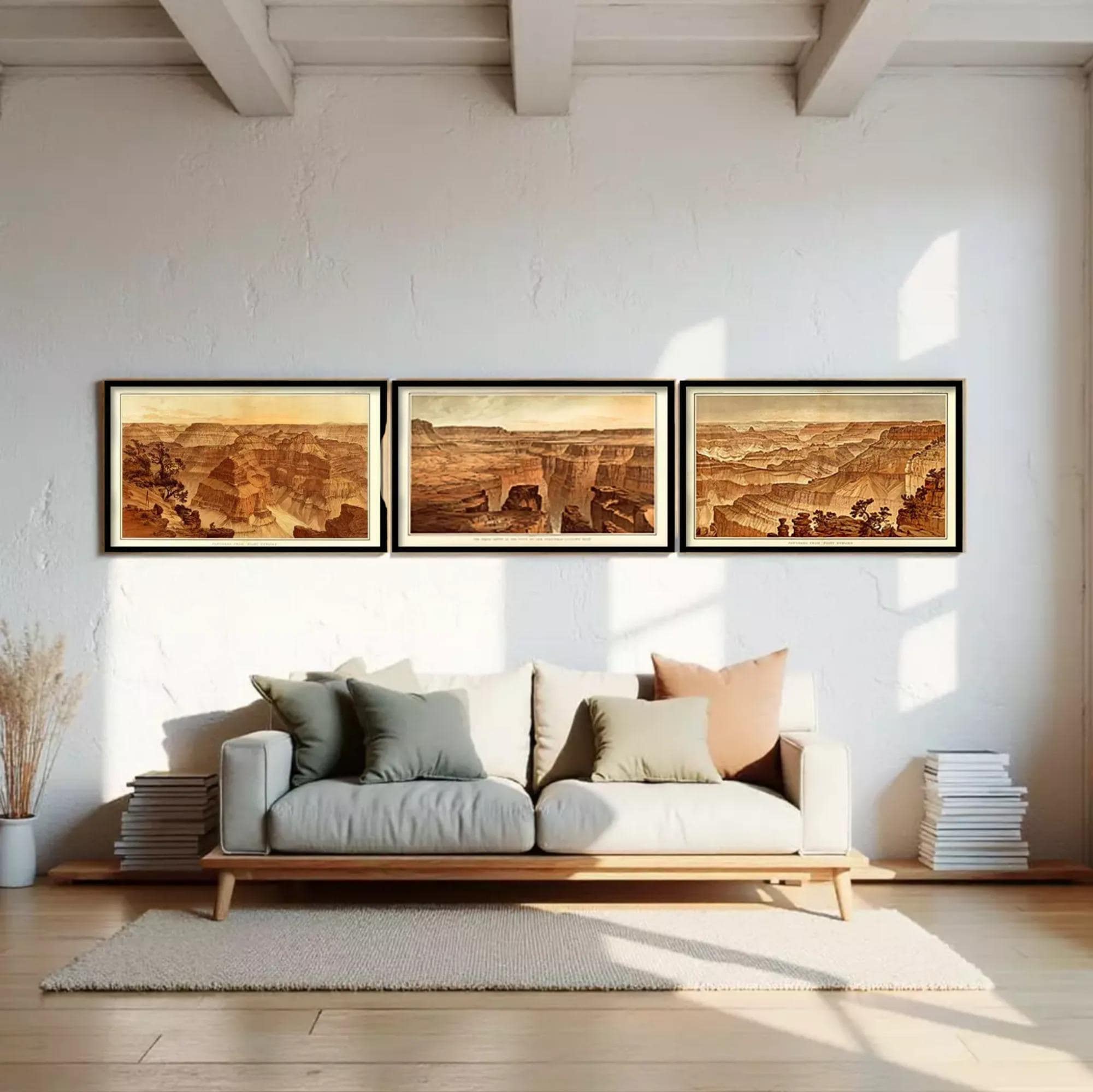 The image is a collage of three framed landscape photographs depicting the Grand Canyon.