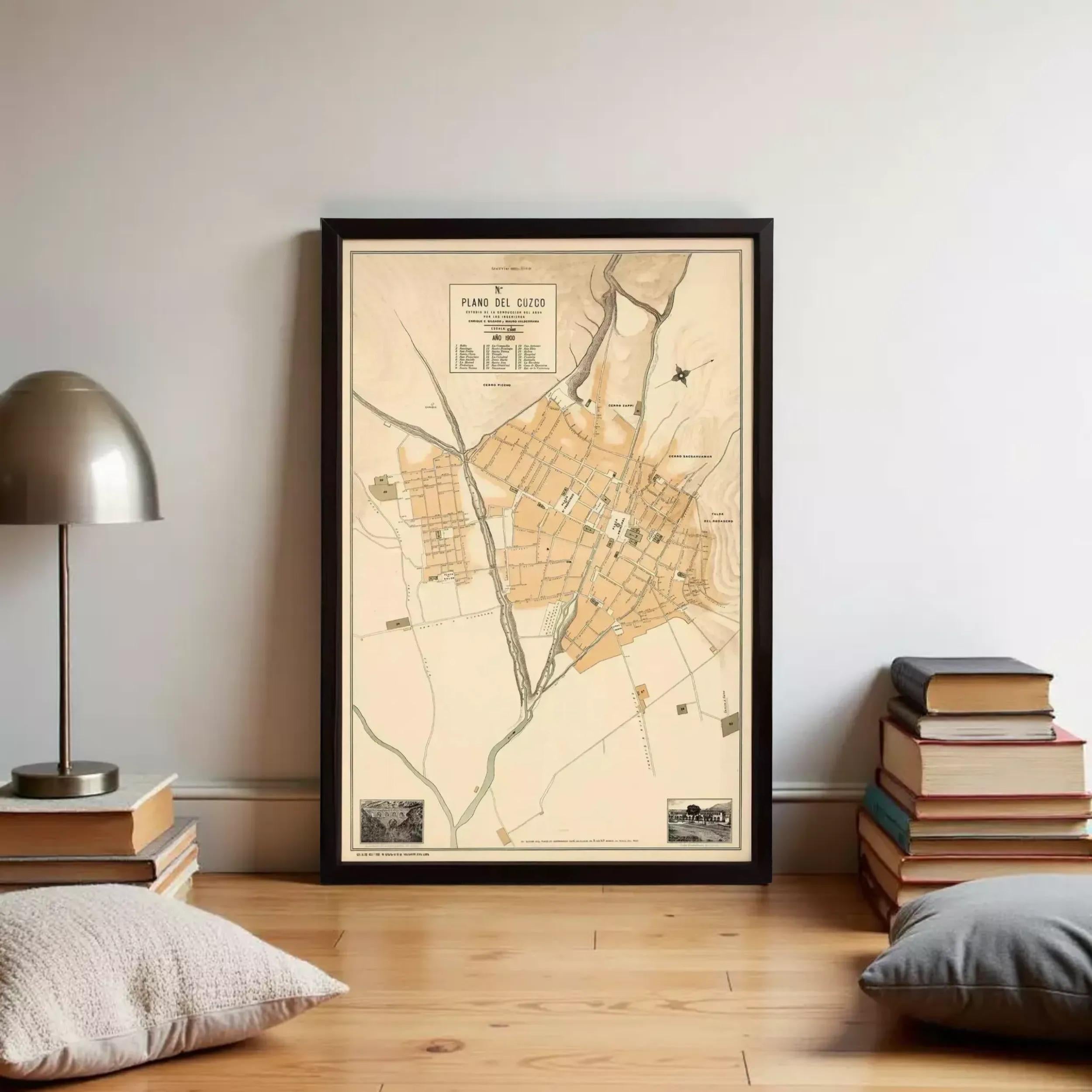 The image is a framed map of a city, depicting streets, buildings, and other urban features.