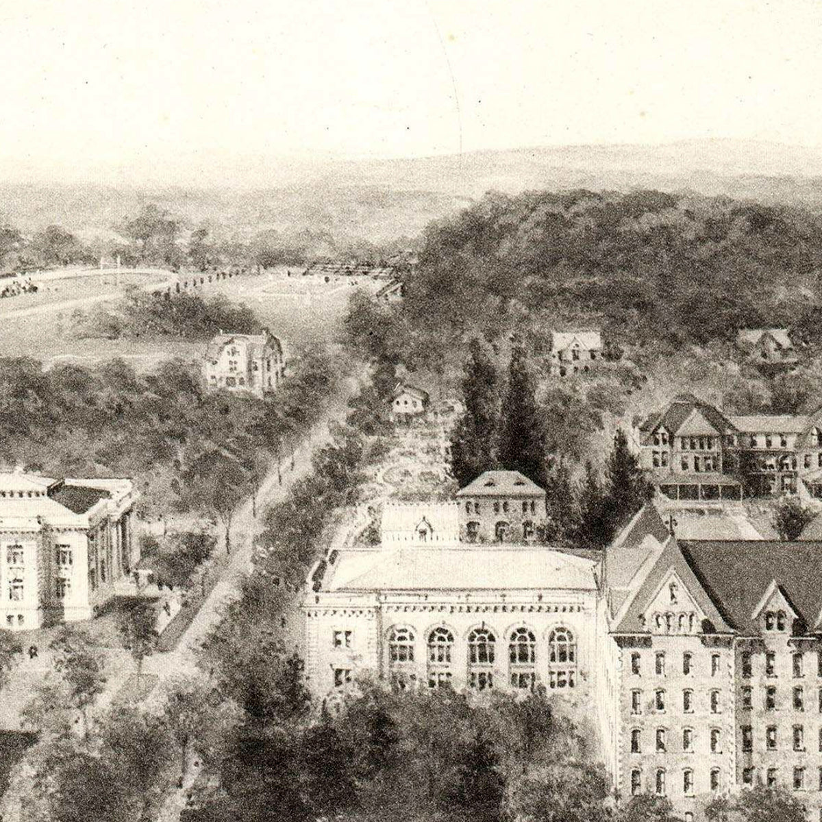 A black and white image depicting a cityscape with a long, winding road surrounded by buildings and trees.