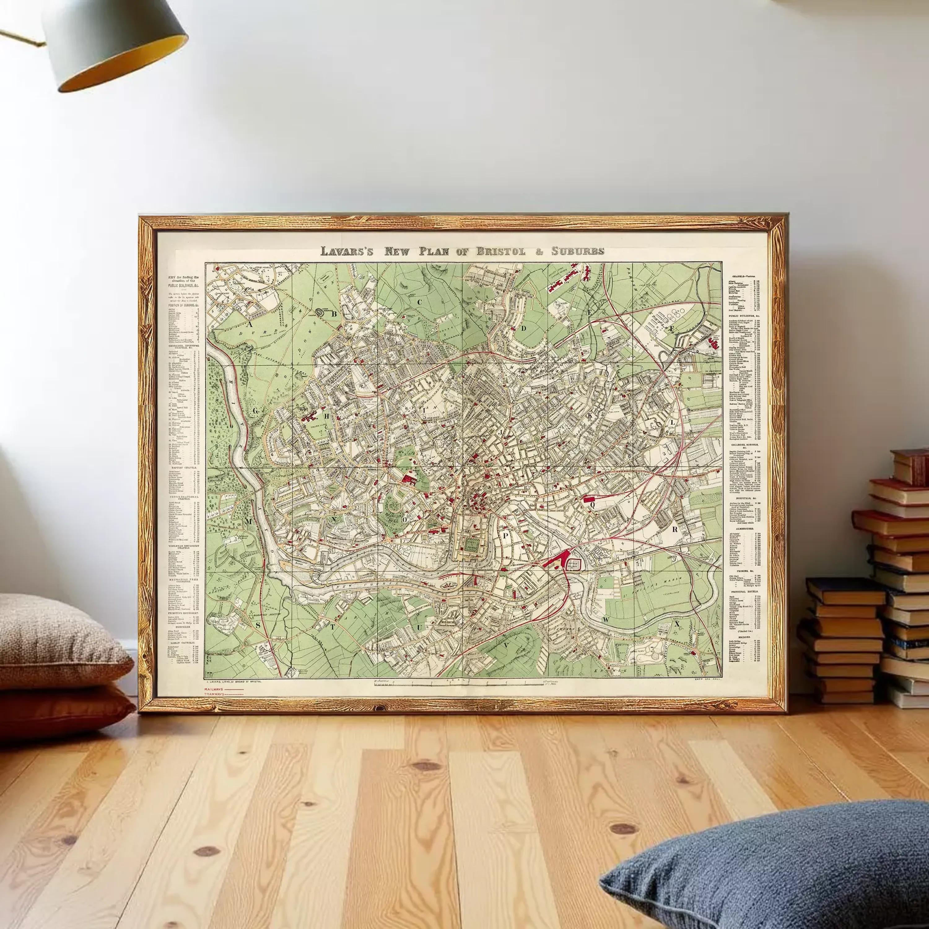 The image is a framed vintage map of London, England, with a green and red color scheme.