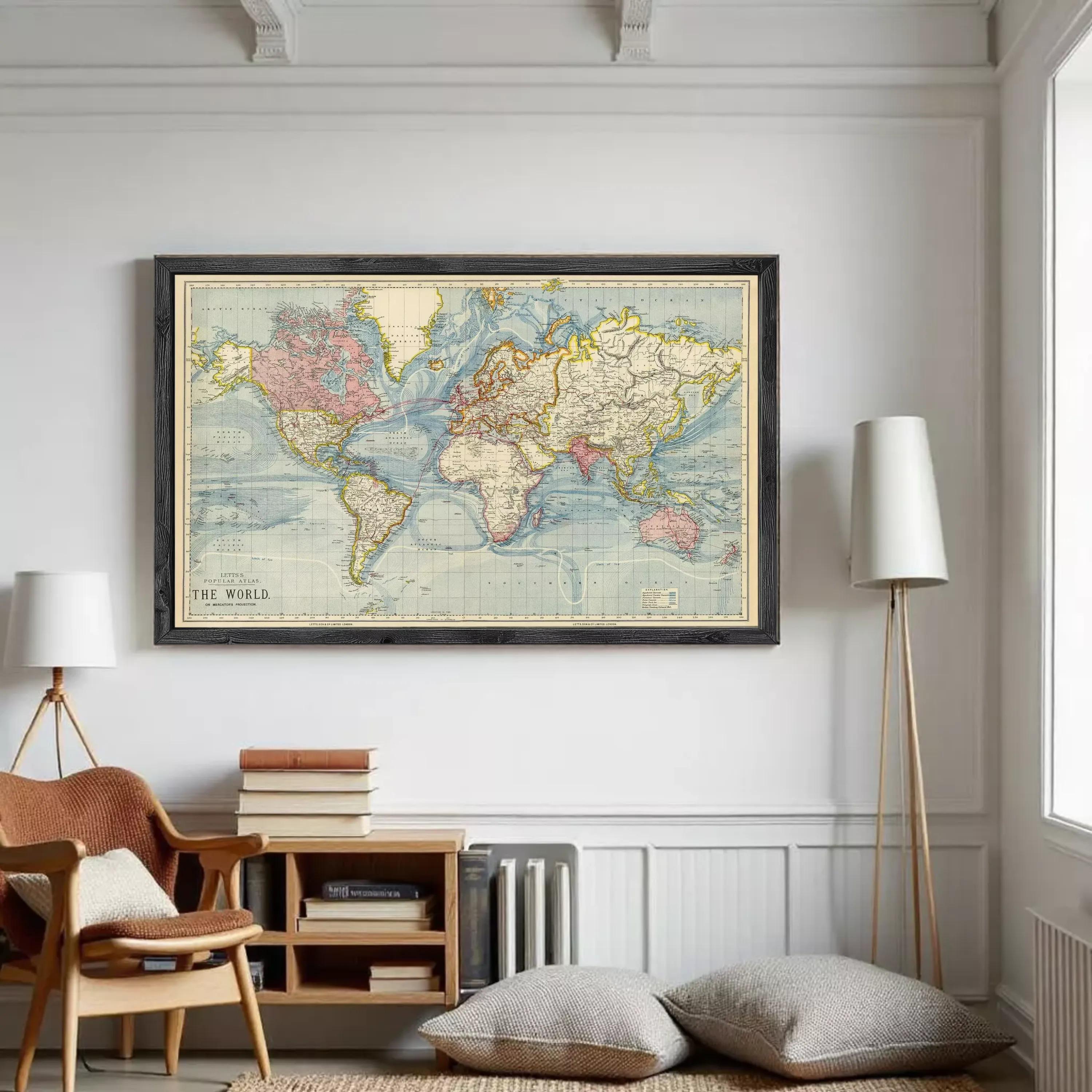 The image is a framed vintage world map depicting the continents and oceans.