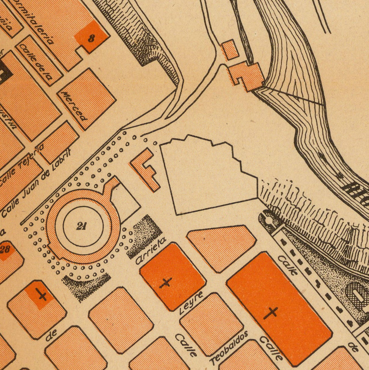 The image is a detailed map of a city, showing various buildings, streets, and landmarks.