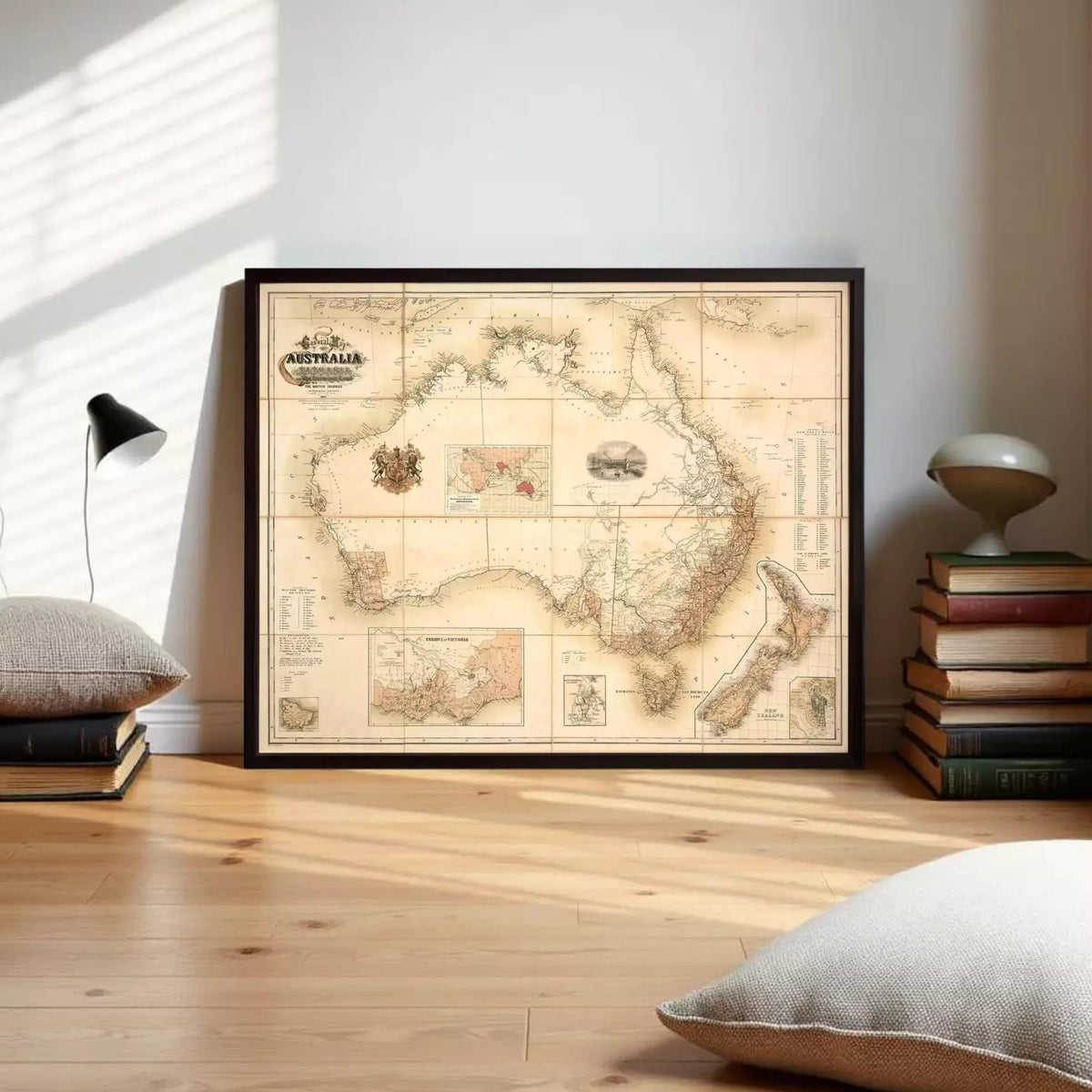 The image is a framed vintage map of Australia and New Zealand, depicting the geographical layout and boundaries of the countries in a sepia-toned style.