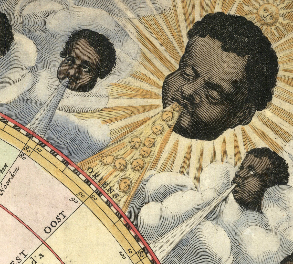 The image is a detailed illustration featuring a central figure with a large head and a smaller head, surrounded by clouds and rays of light. The central figure appears to be blowing a stream of smoke or smoke-like material. The background includes a map with various locations and landmarks, adding depth and context to the scene.