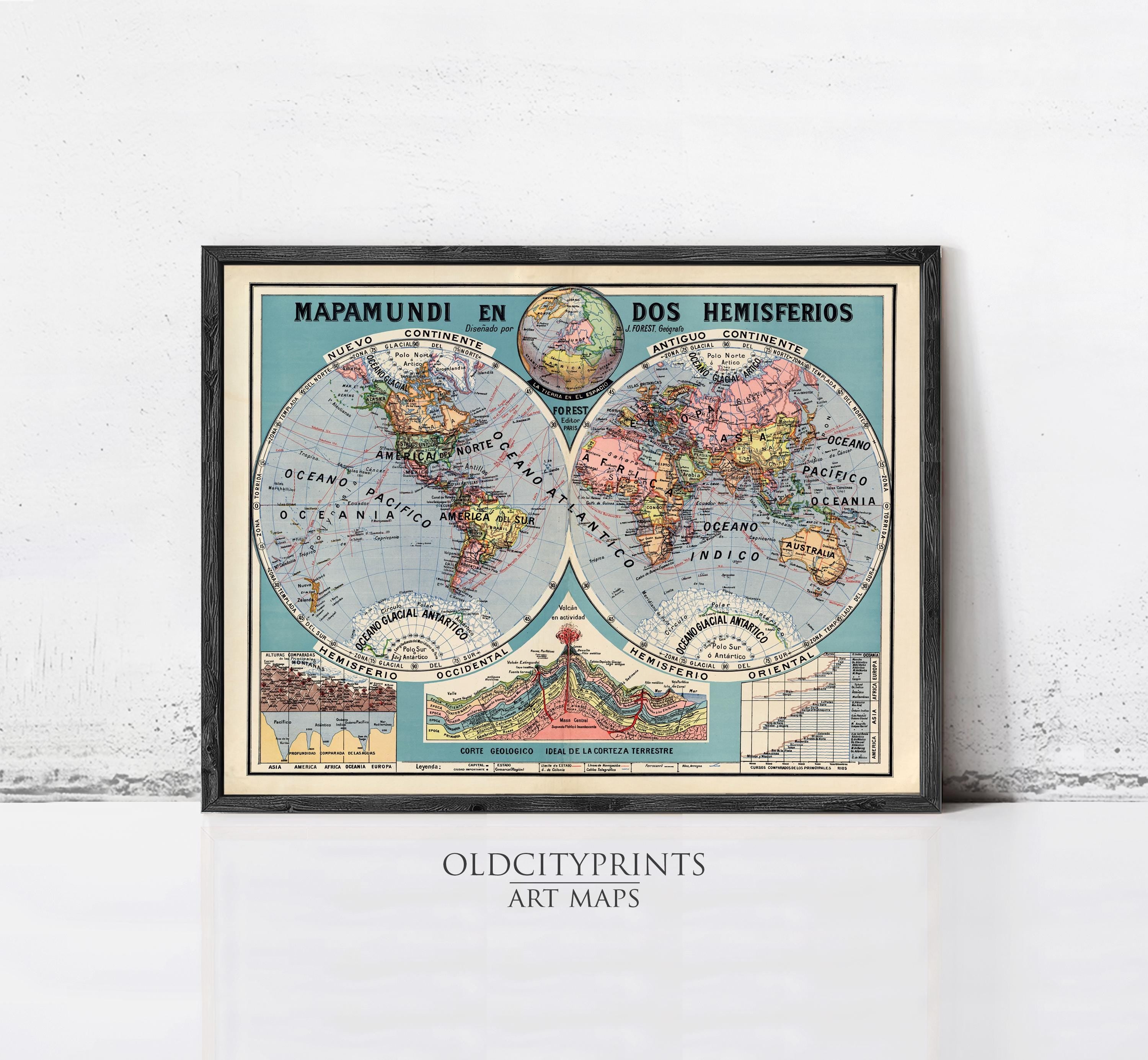 The image is a framed vintage map of the world, depicting the hemispheres of the Earth and showing various geographical features and labels.