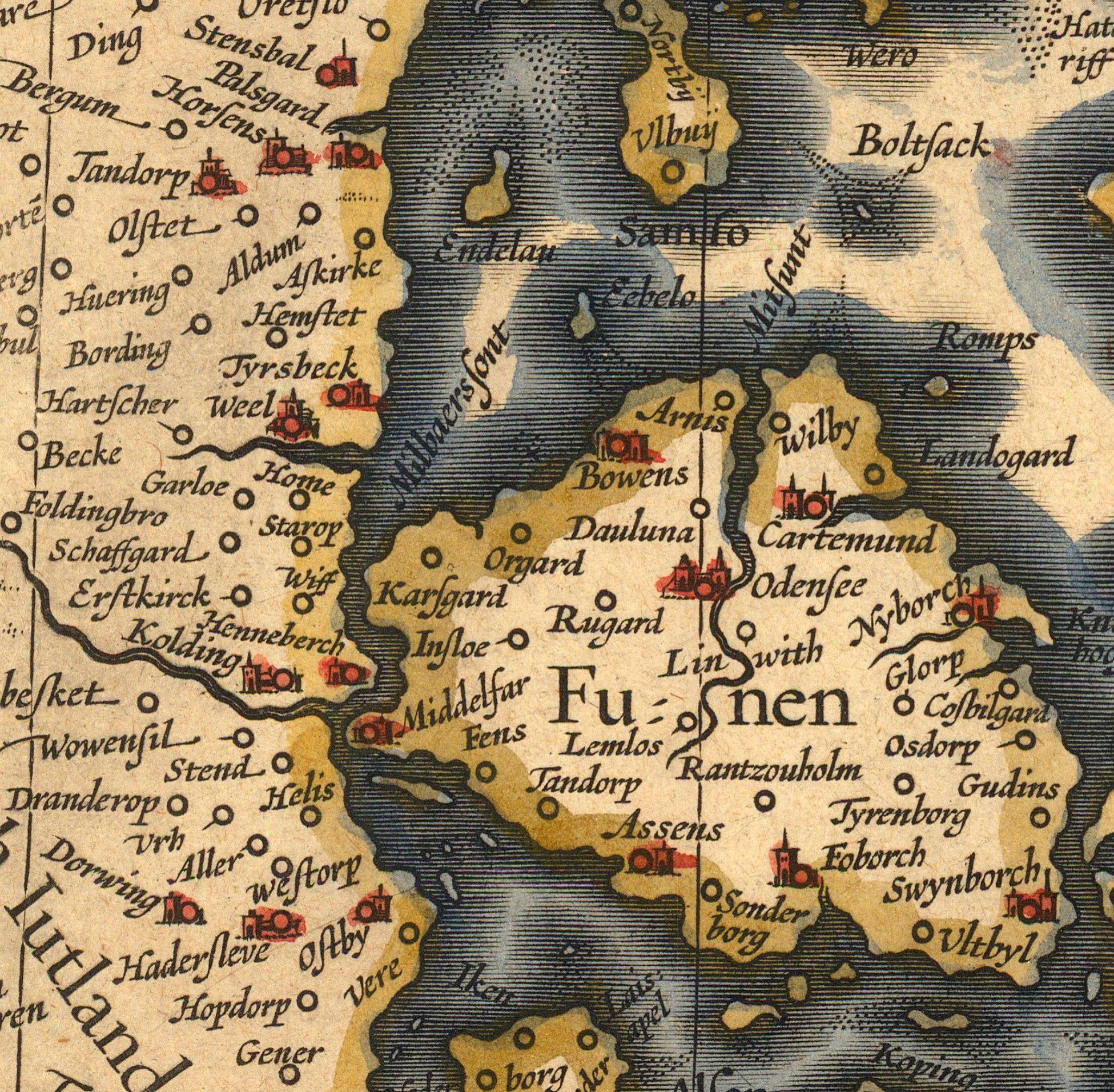 The image is a detailed map of a region, likely from the 16th century, showing various cities and towns with labels. The map is in black and white, and the text is in an old-fashioned style. The map appears to be a historical or geographical representation of the area, with the focus on the cities and towns within the region.