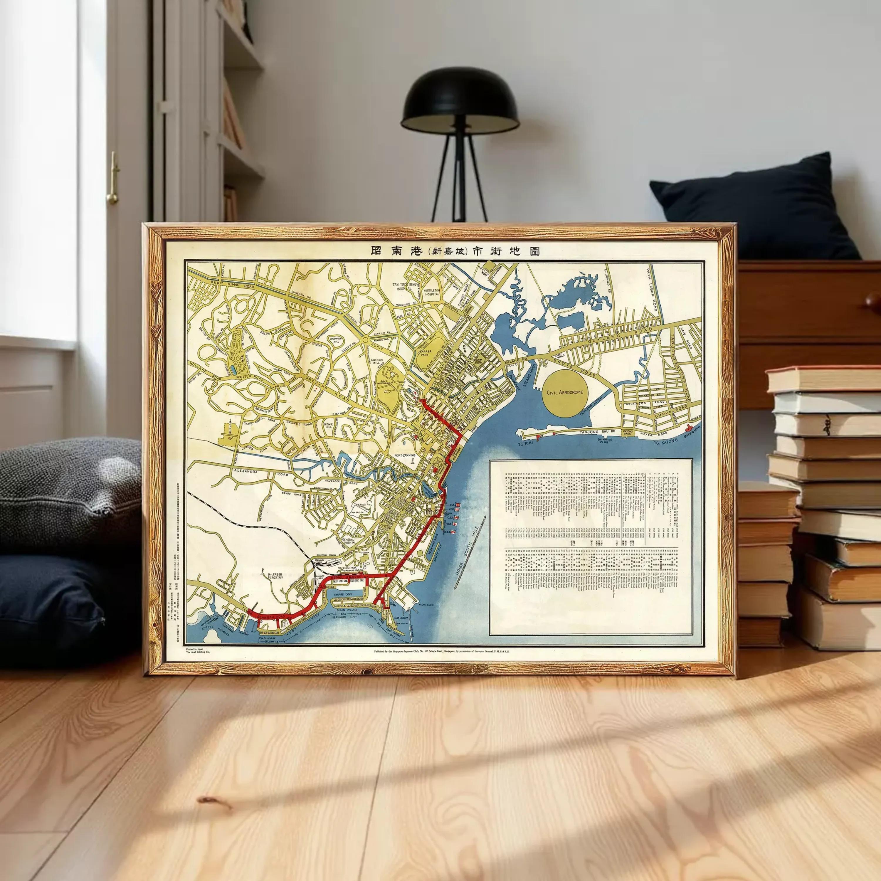 The image is a framed map of a city, likely Hong Kong, with various streets and landmarks depicted.