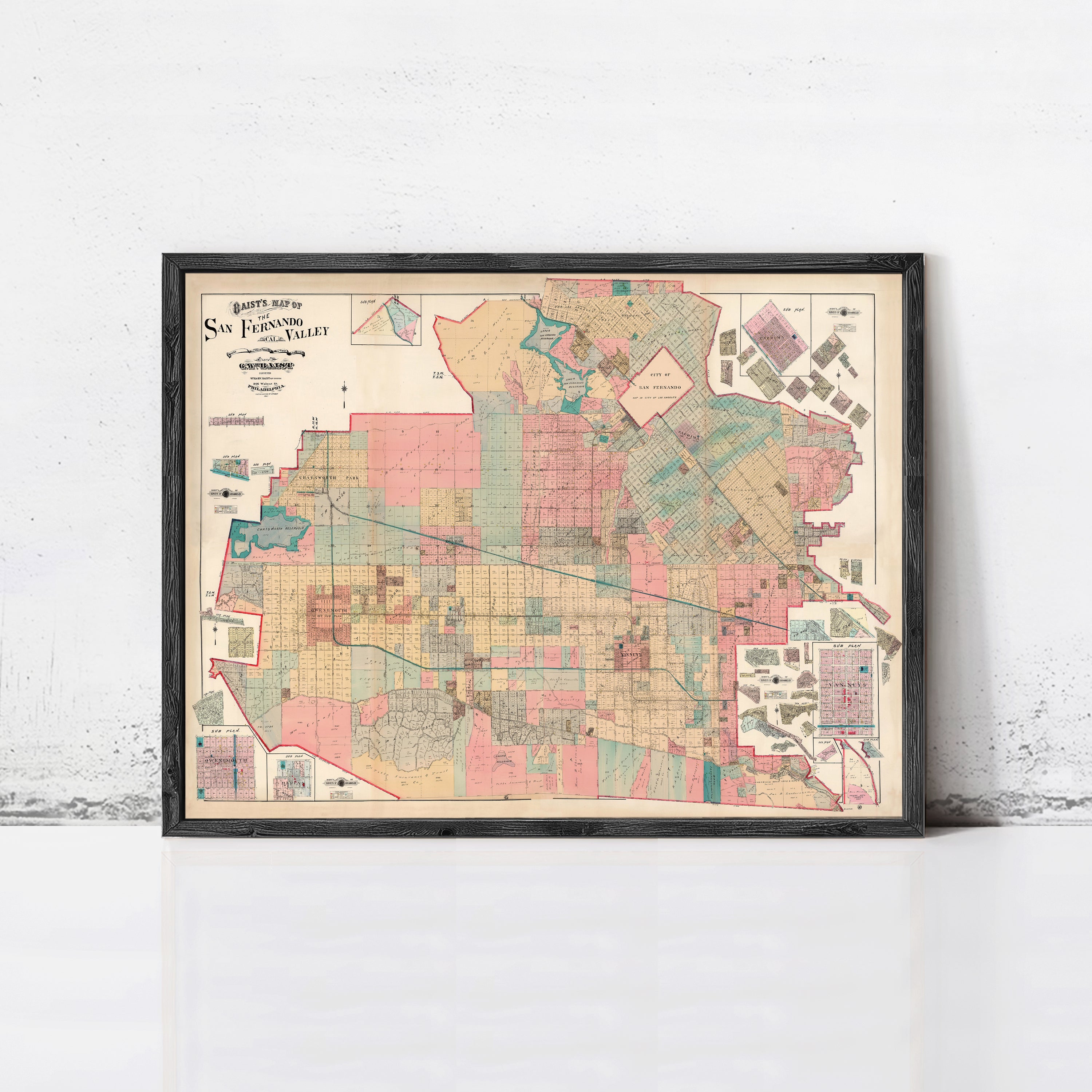 The image is a framed map of San Francisco, California, depicting the city's streets, neighborhoods, and surrounding areas.