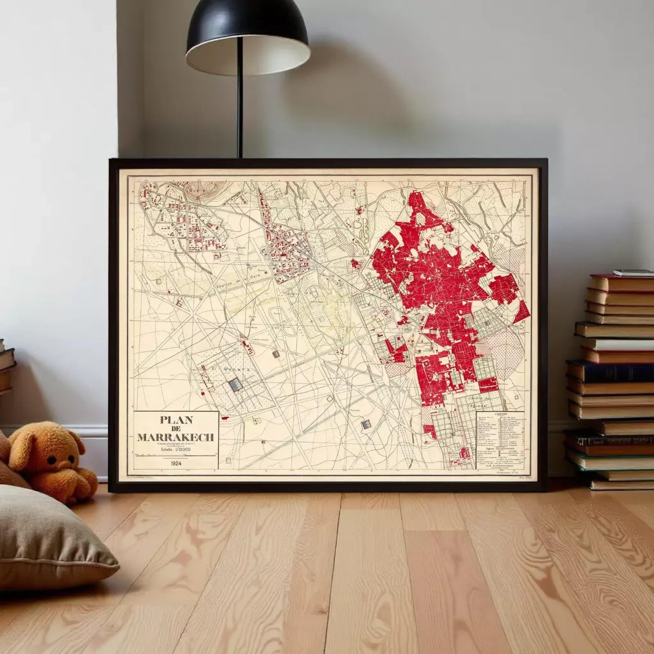 The image is a framed map of the city of Marrakech, Morocco, dated 1924.