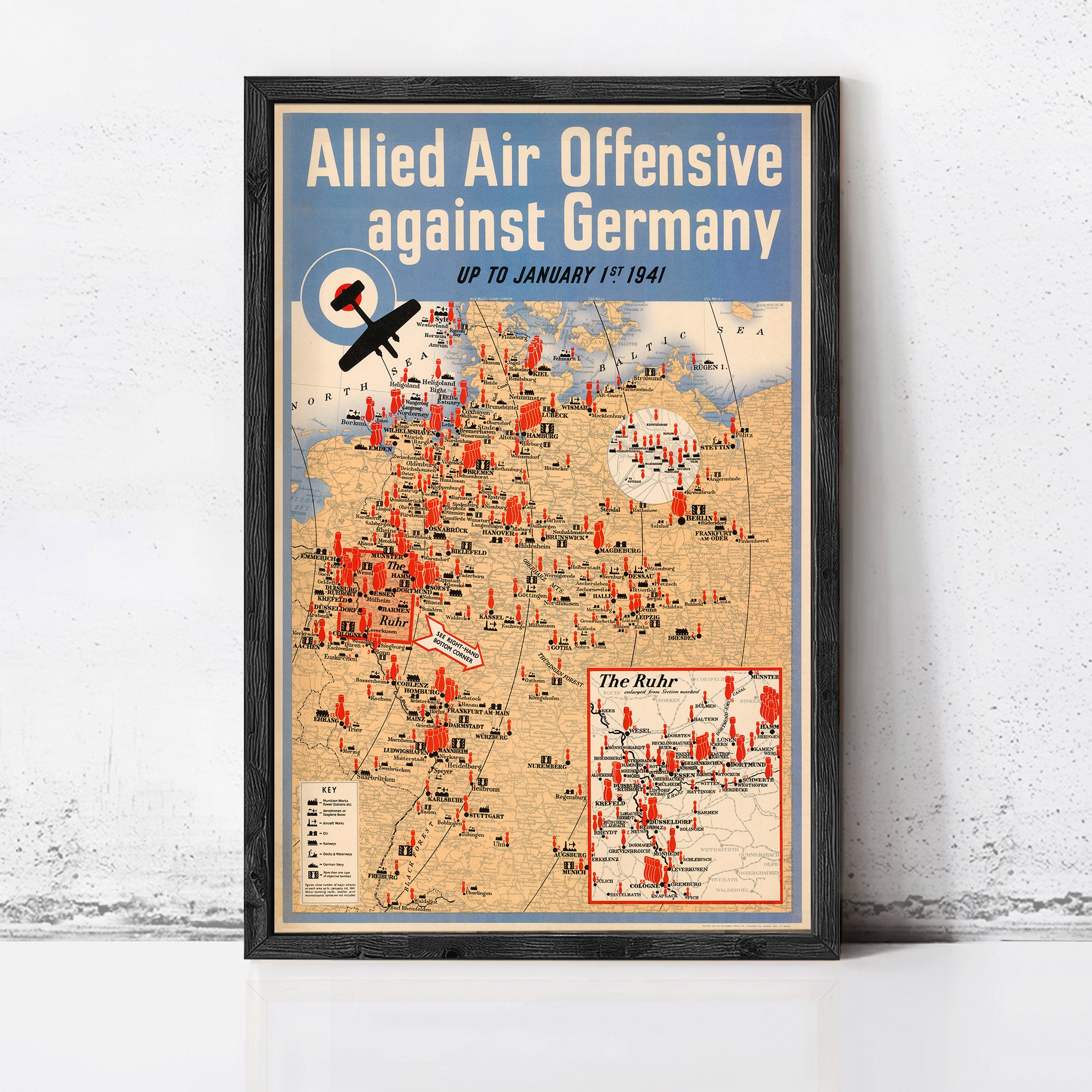 The image is a vintage poster depicting a map of Europe and Germany during World War II, with a focus on the Allied Air Offensive against Germany.