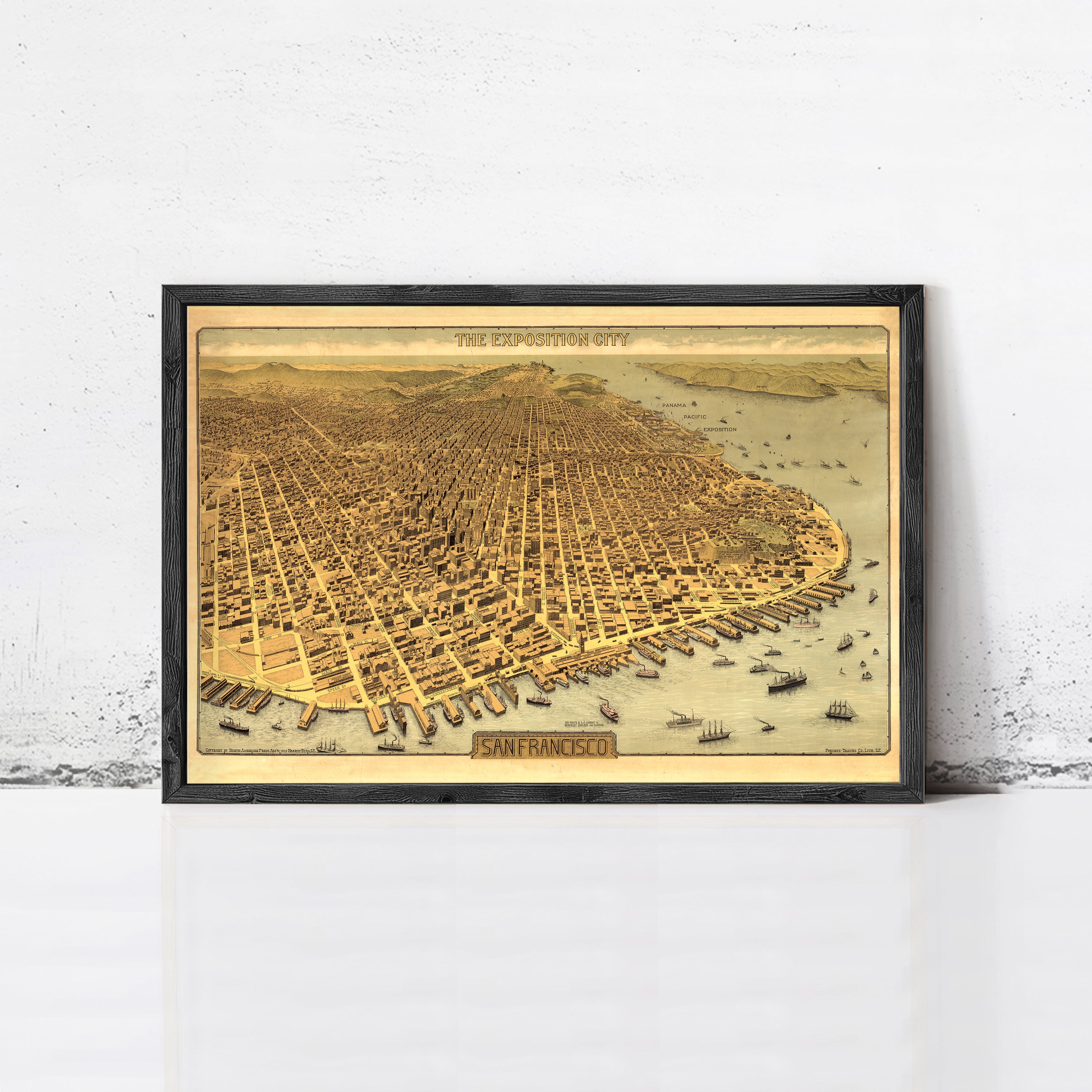 The image is a framed vintage map of San Francisco, California, depicting the city's layout and surrounding areas.