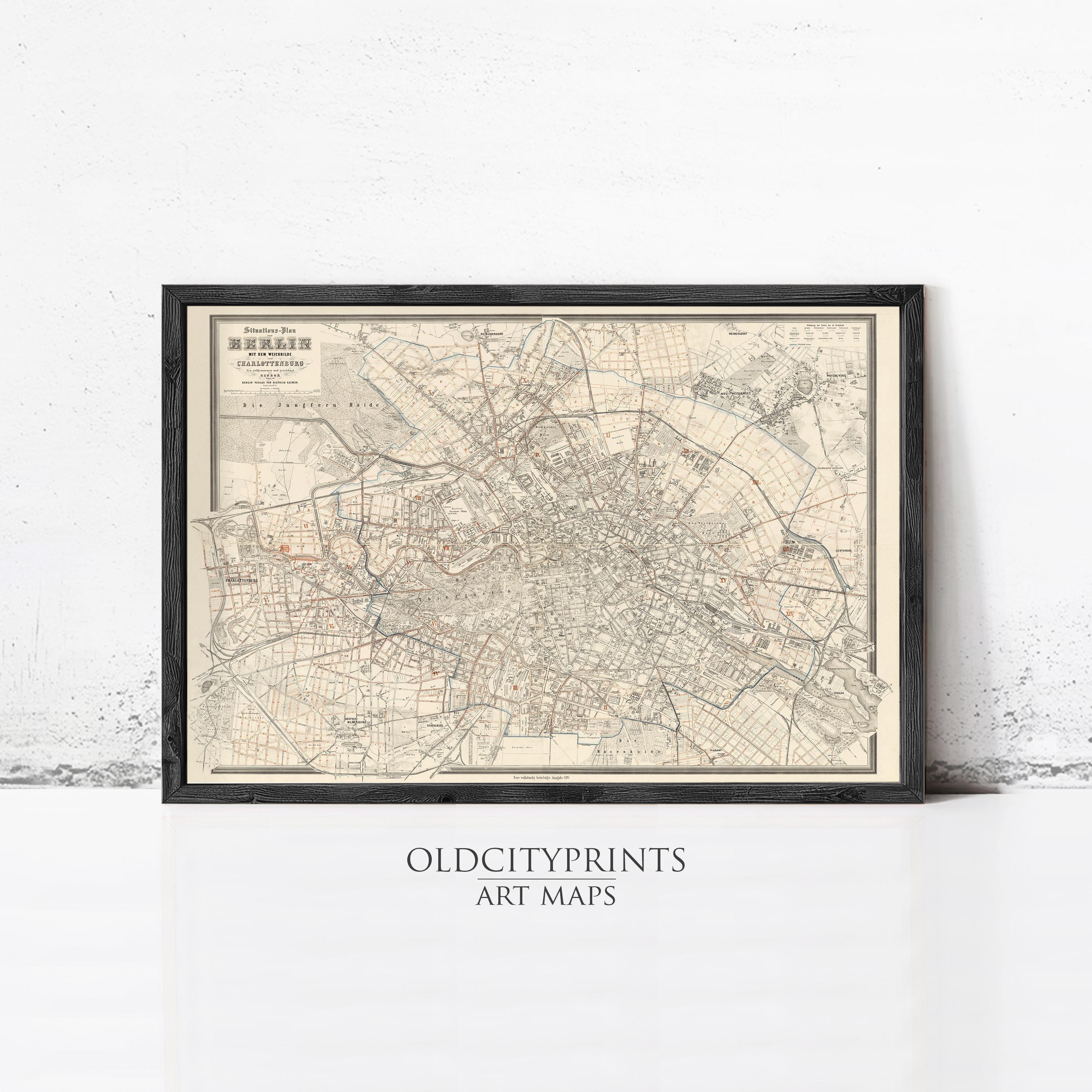 The image is a framed vintage map of a city, likely Dublin, with detailed street and area labels.