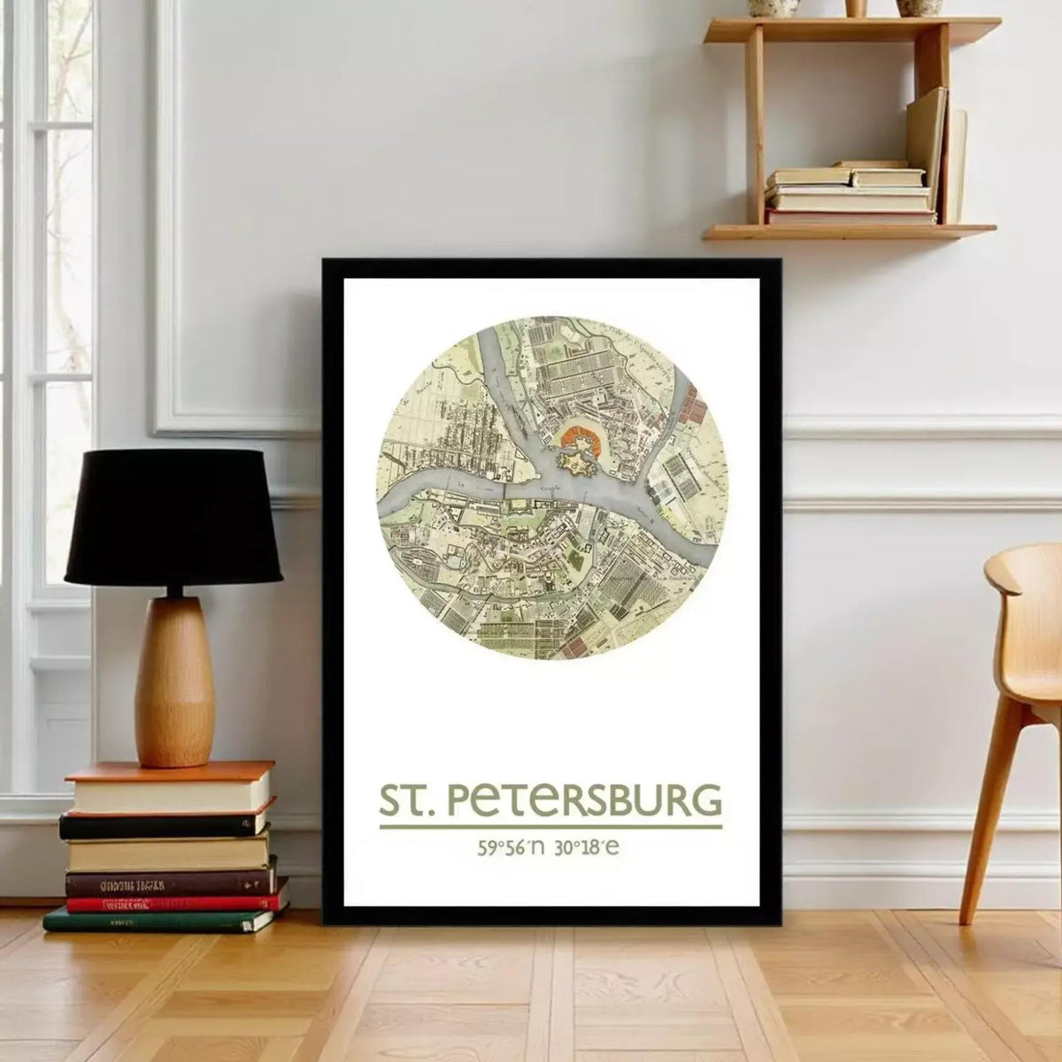 A framed map of St. Petersburg, Russia, with the text "St. Petersburg" and "59.6°N 30.8°E" printed on it.