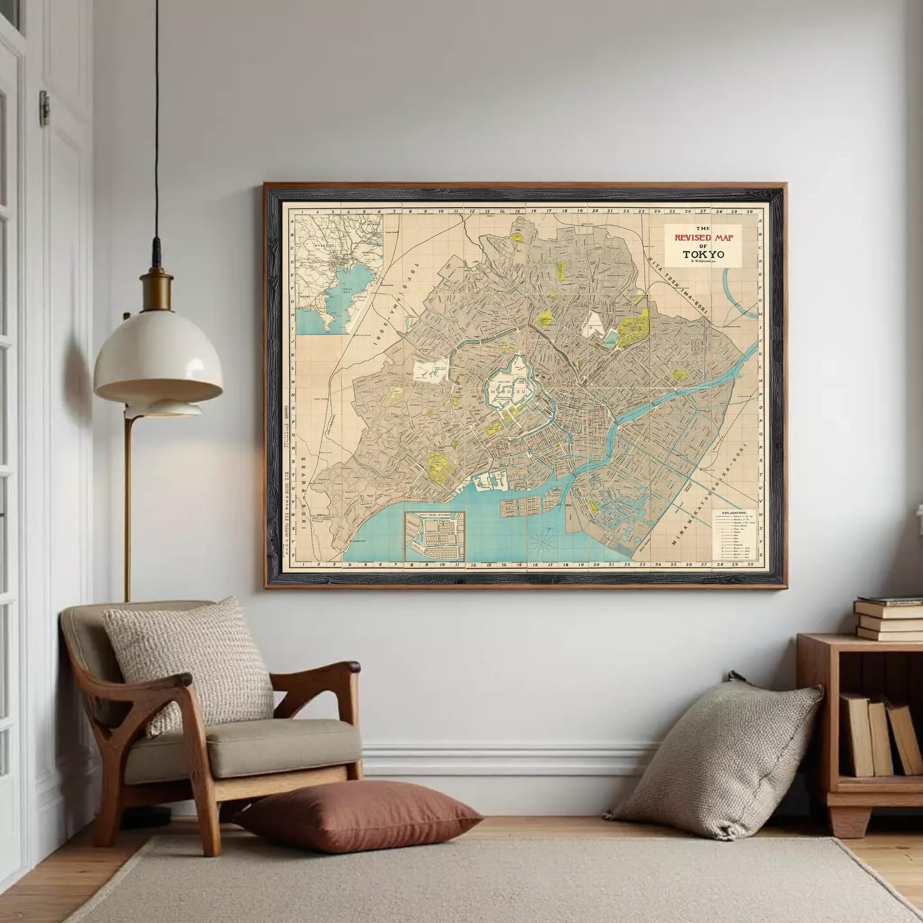 The image is a framed vintage map of Tokyo, Japan, depicting the city's layout and surrounding areas.