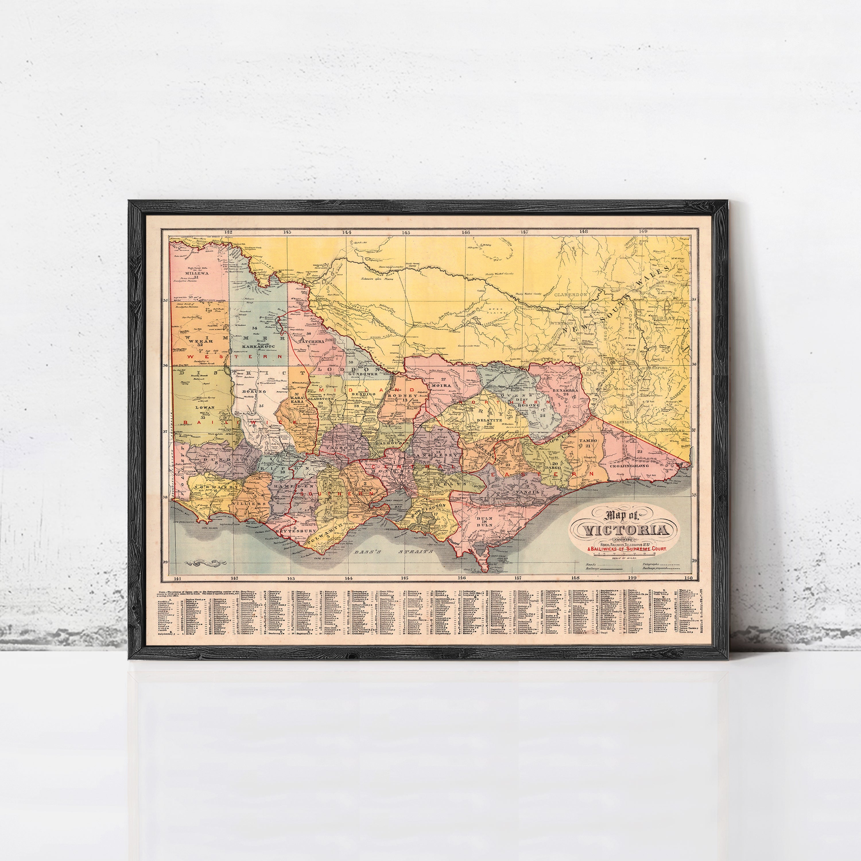 The image is a framed vintage map of Victoria, Australia, depicting the state's geographical layout and boundaries.