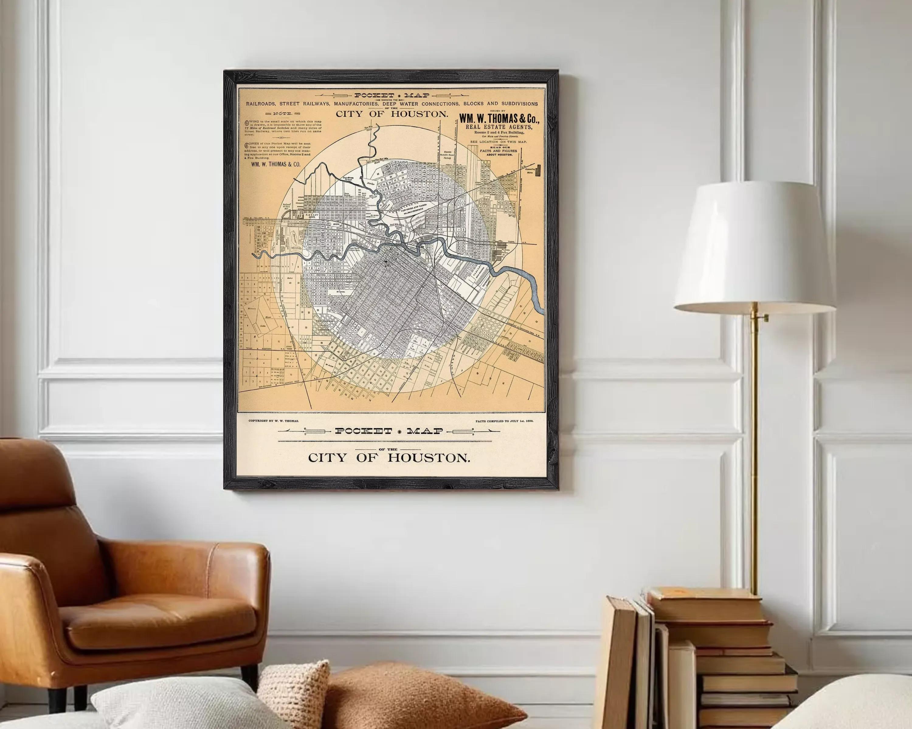 The image is a framed vintage map of the city of Houston, Texas, depicting the layout of the city and surrounding areas.