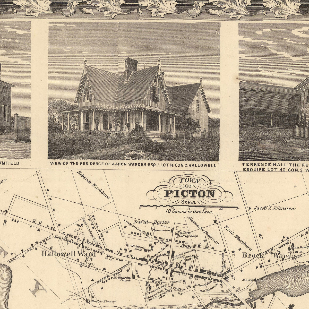 The image is a black and white illustration depicting a large, ornate house with a porch, surrounded by other buildings. The illustration is divided into three panels, with the top panel showing the house and the other two panels showing the surrounding area. The image also includes a map of the town of Picton, providing geographical context to the scene.