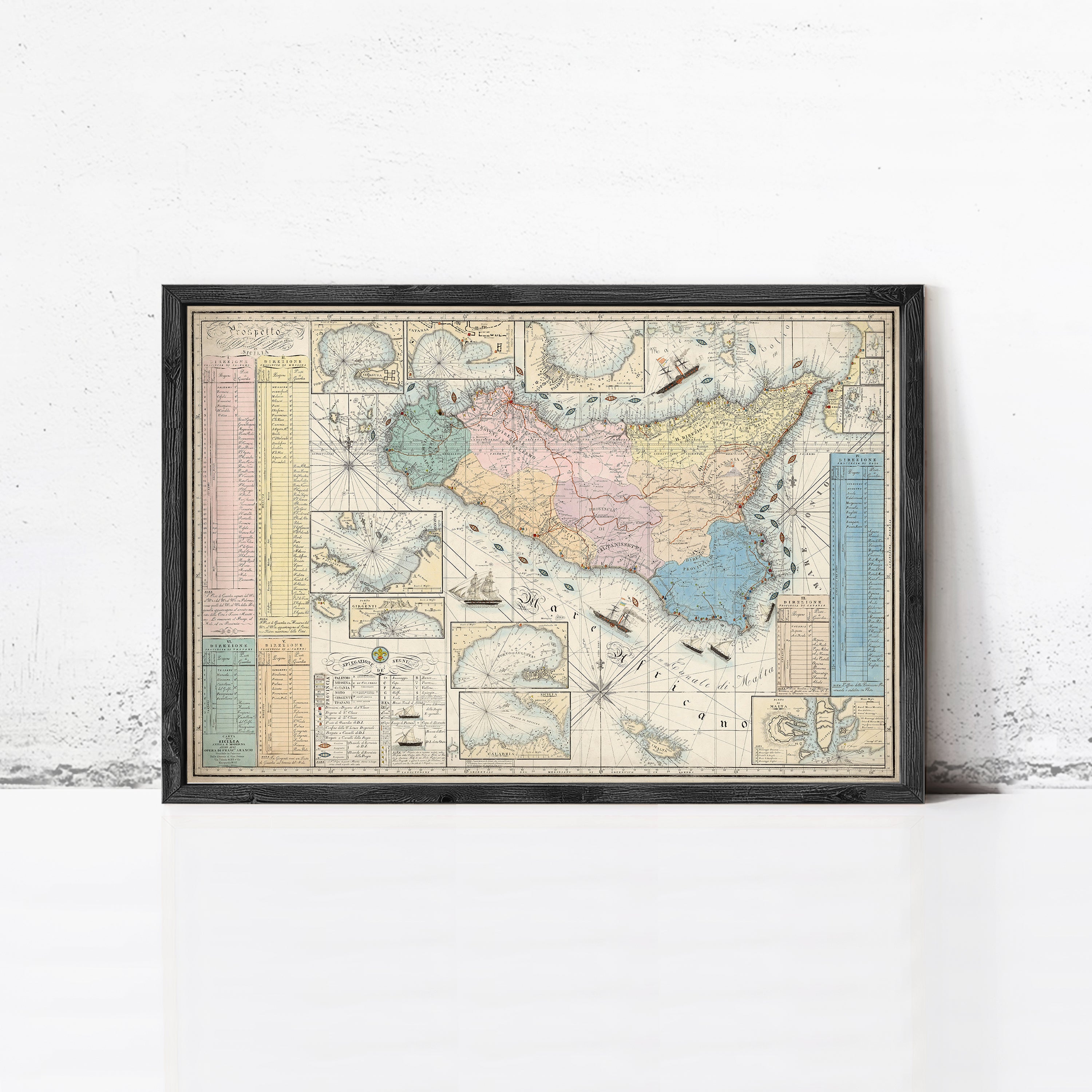 The image is a framed vintage map of the Mediterranean region, depicting various countries and geographical features.