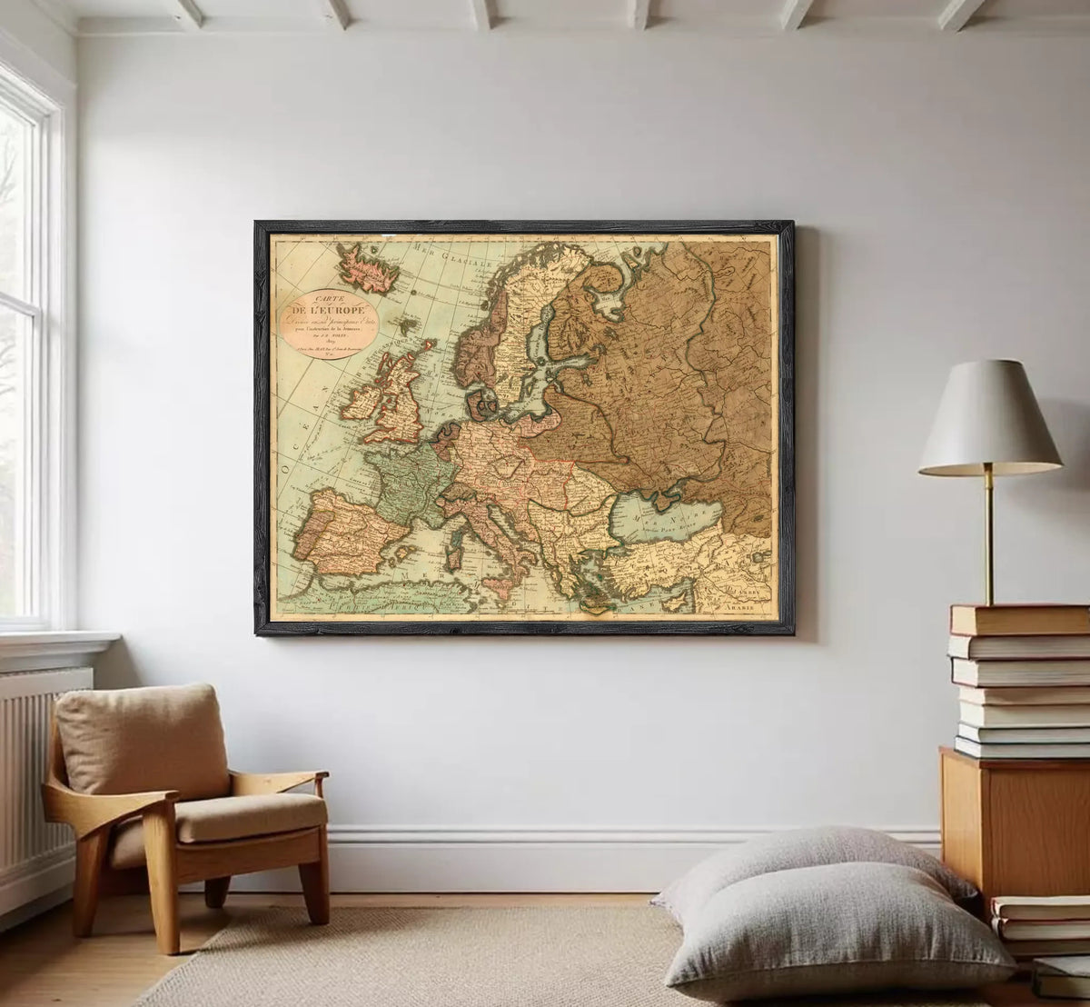 The image is a framed vintage map of Europe, depicting the continent and surrounding seas.