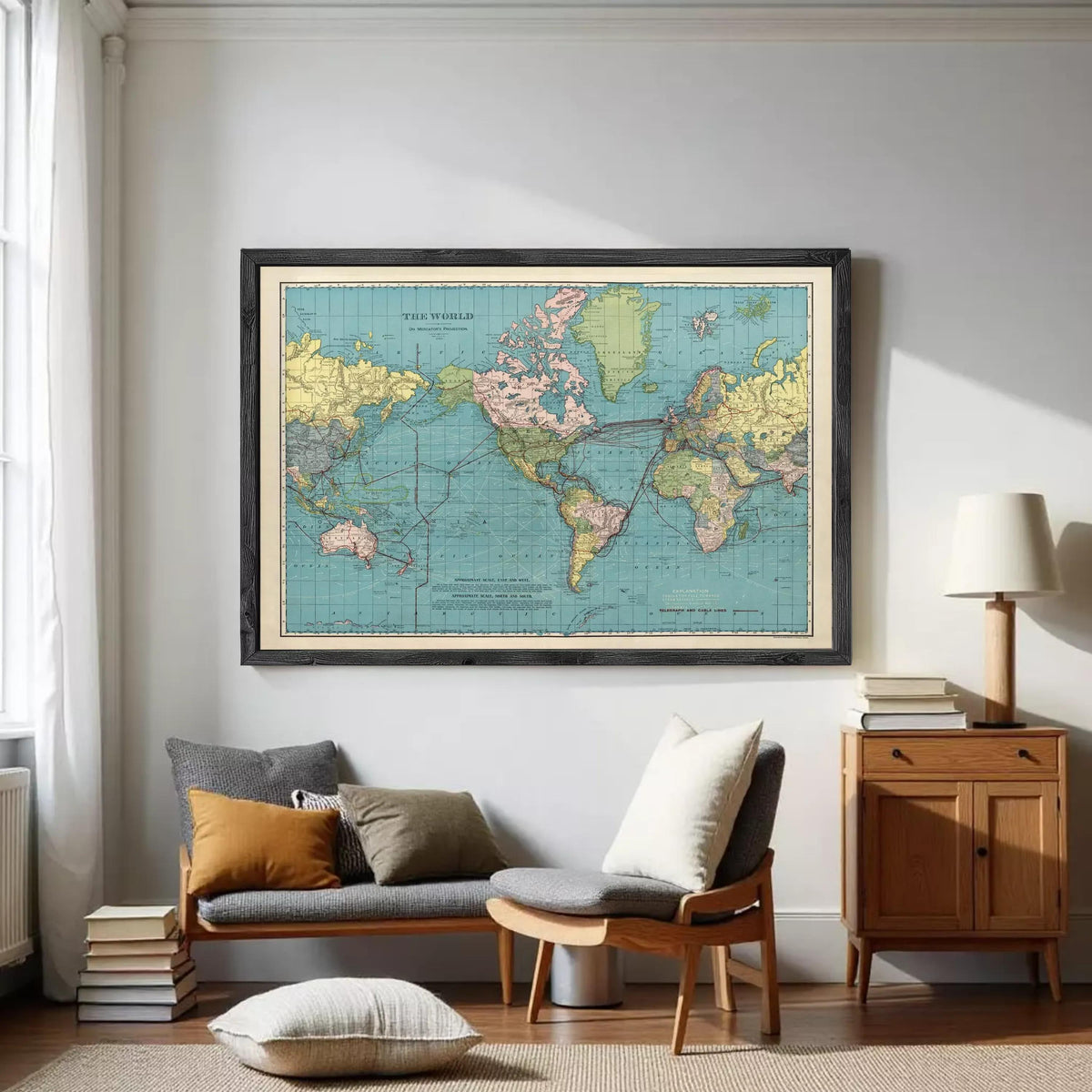 The image is a framed vintage map of the world, depicting the continents and oceans in a colorful and detailed manner.