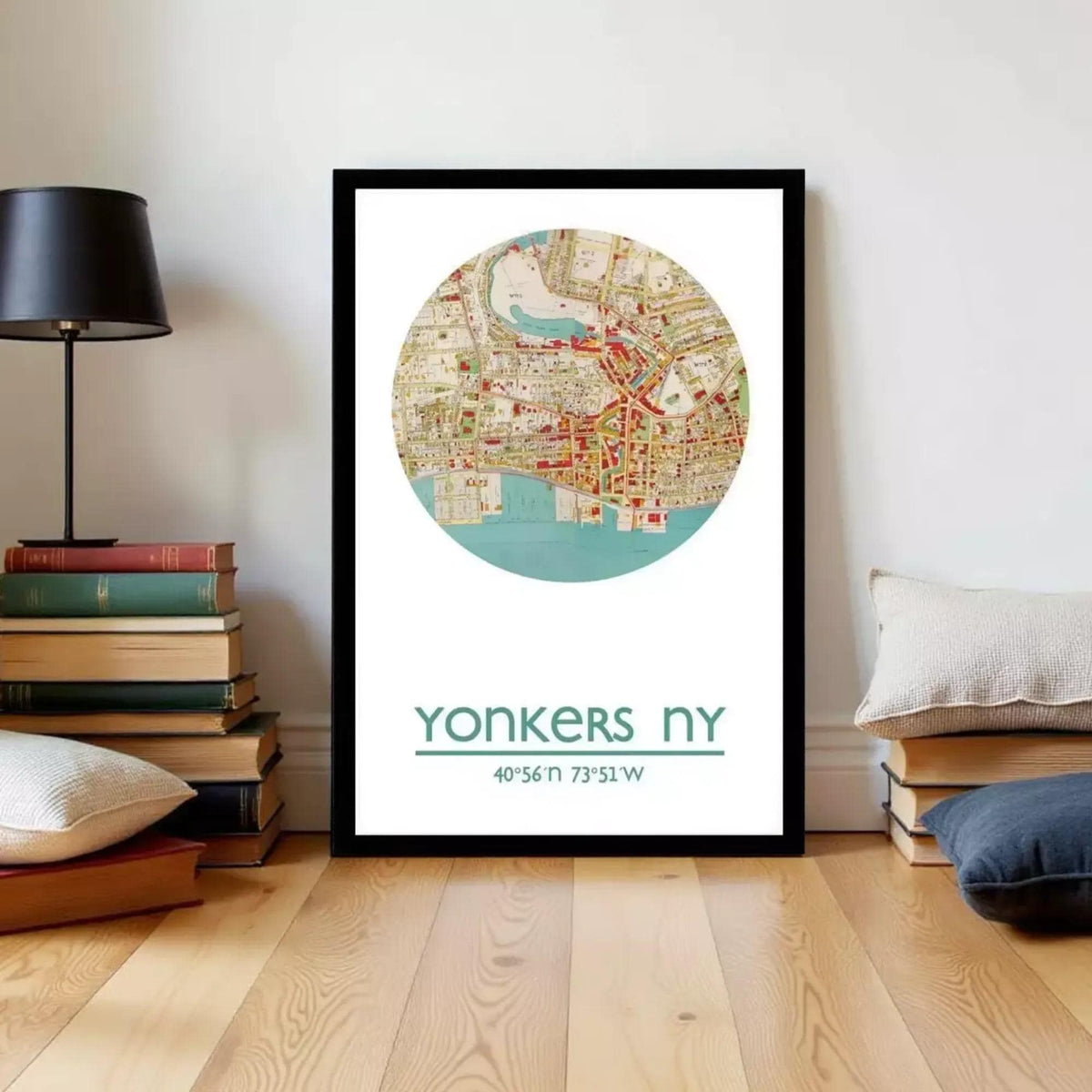 A framed map of New York City, with the text "Yonkers NY" and the location "40.56°N 73.51°W" printed on it.