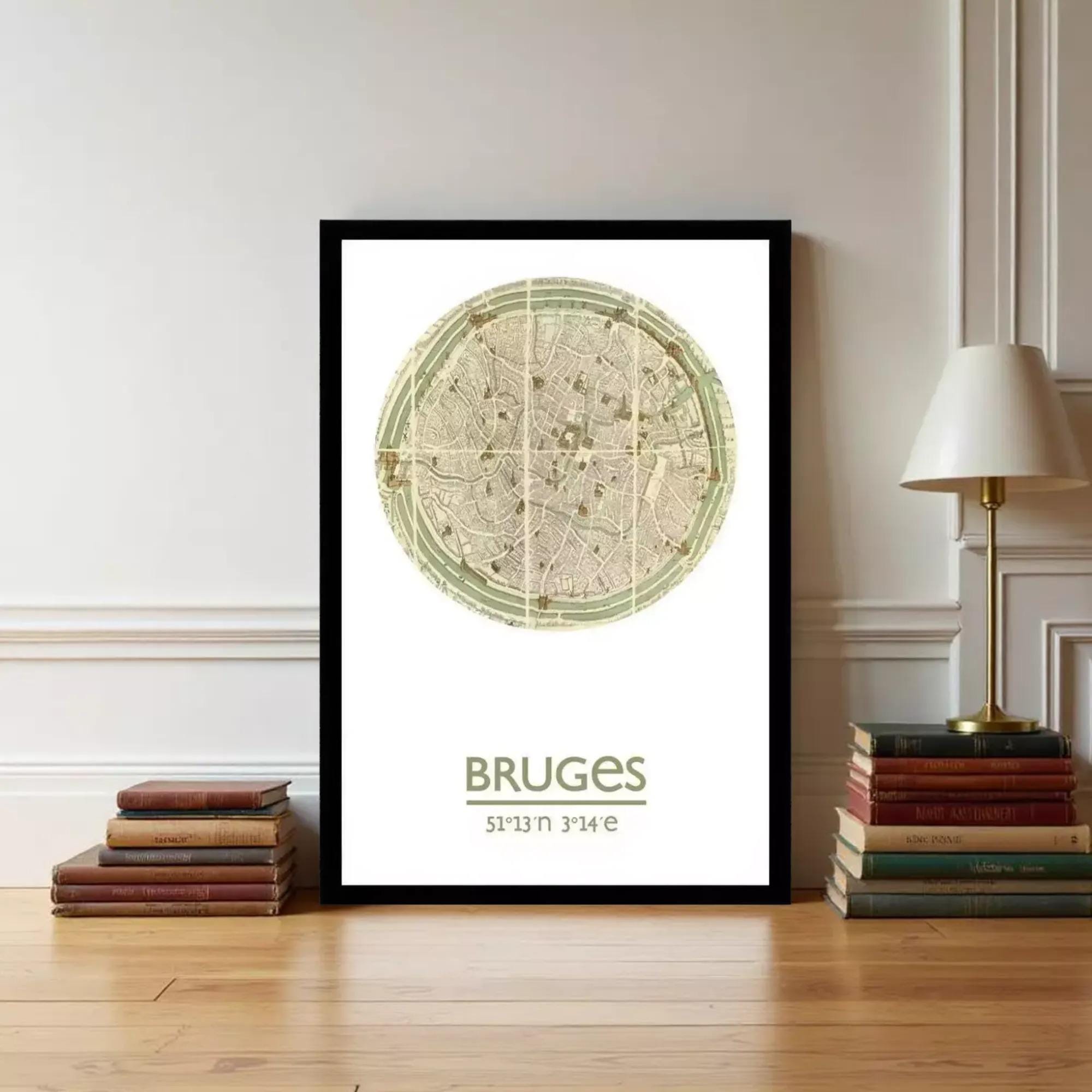 A framed poster of a map of Brussels, Belgium, displayed on a wall next to a stack of books and a lamp.