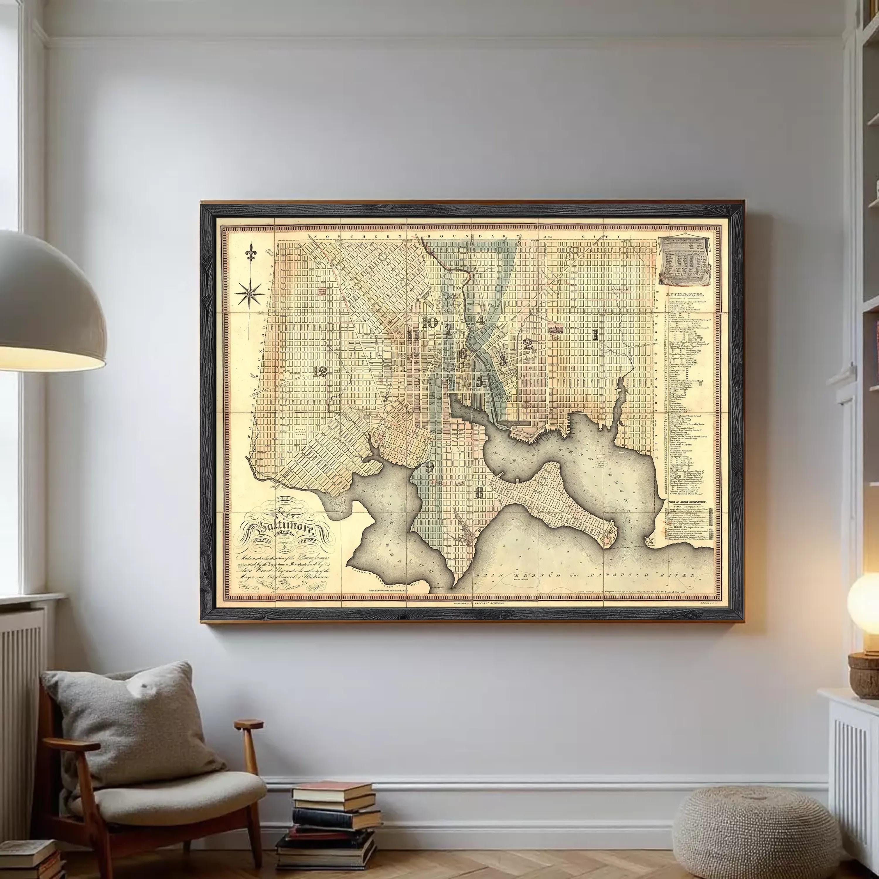 The image is a framed antique map of a city, likely Washington, D.C., with detailed cartography and geographical information.