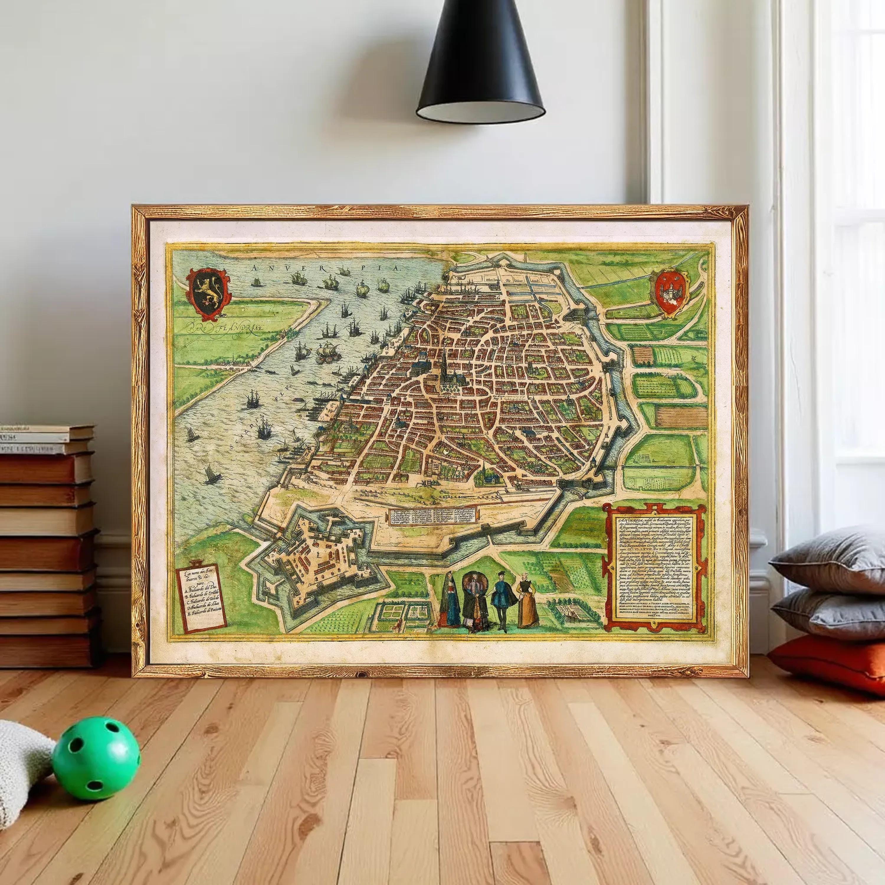 a large framed map of a city, with various landmarks and streets depicted.