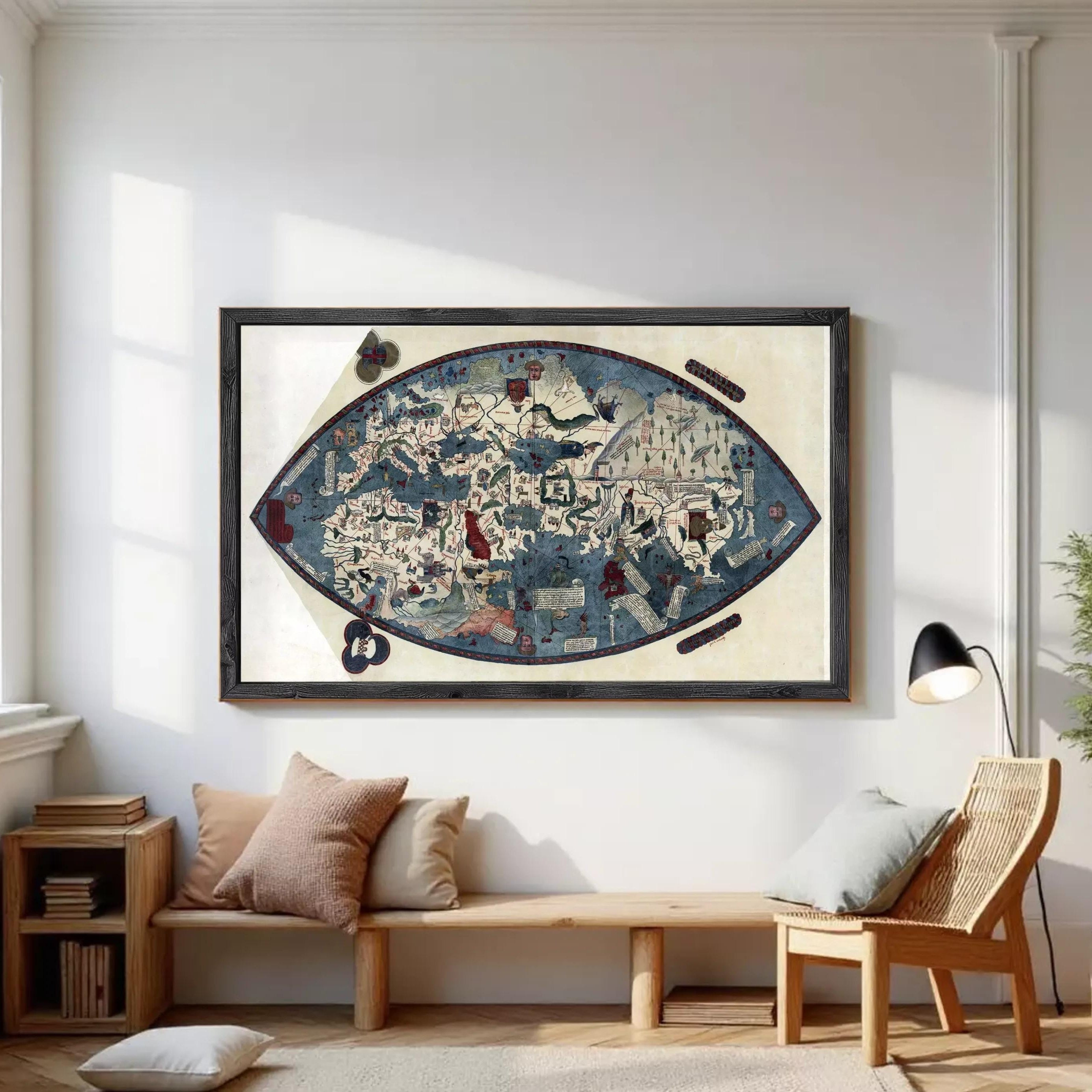 The image is a framed map of the world, depicting various landmarks and geographical features.