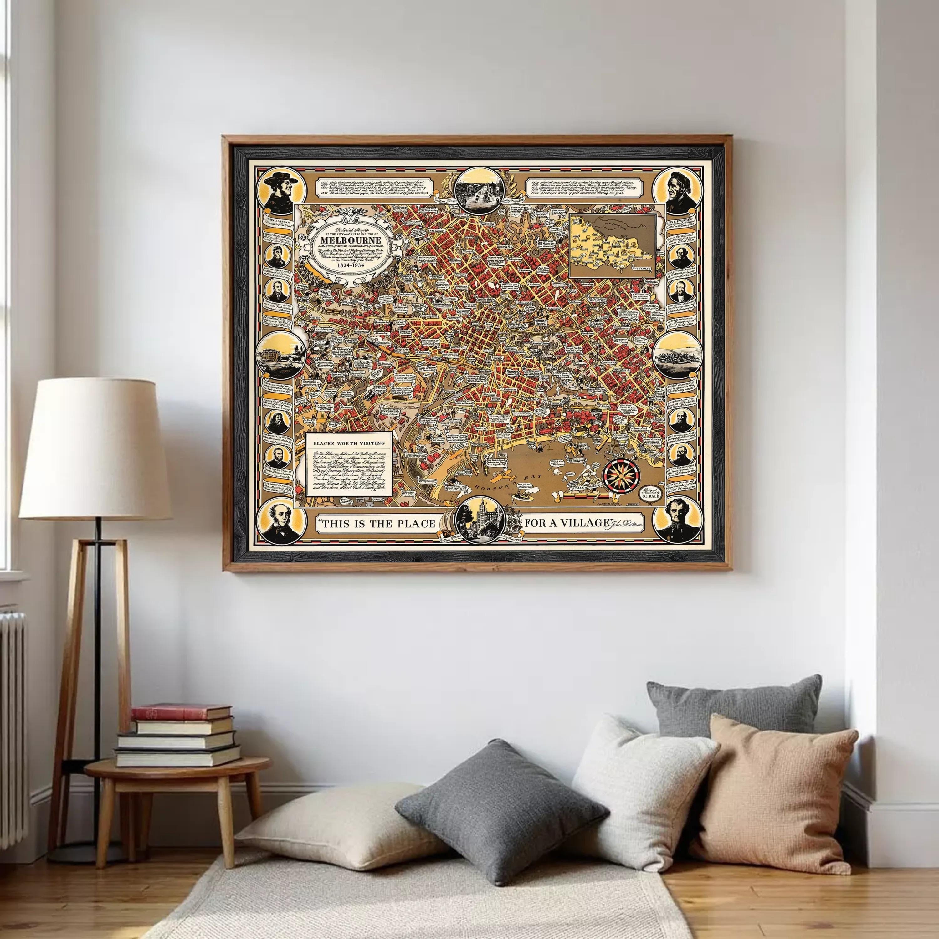 The image is a framed vintage map of Melbourne, Australia, depicting various landmarks and locations within the city.