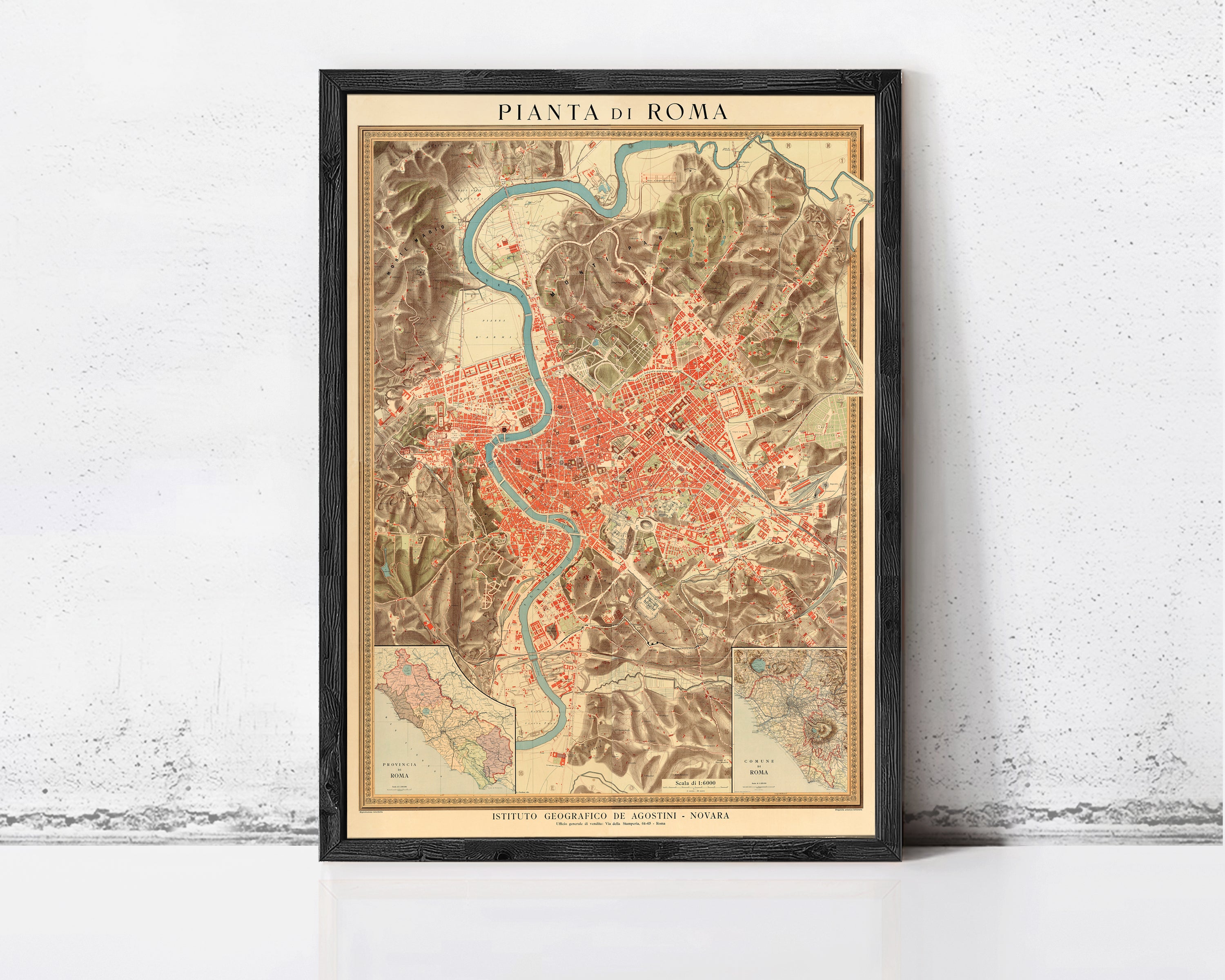 The image is a framed vintage map of Rome, Italy, depicting the city's layout and surrounding areas.