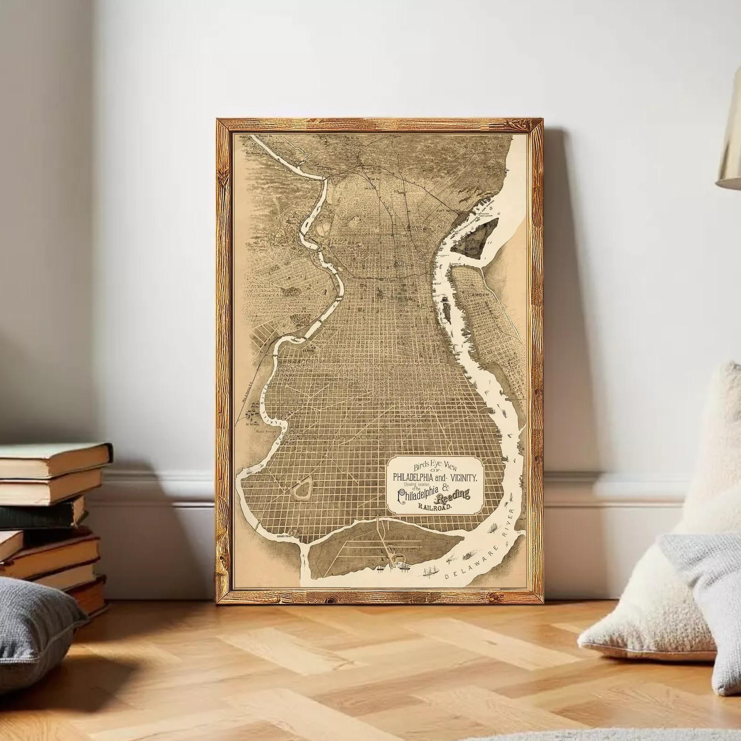 The image is a framed vintage map of Philadelphia, Pennsylvania, depicting the city's layout and surrounding areas.