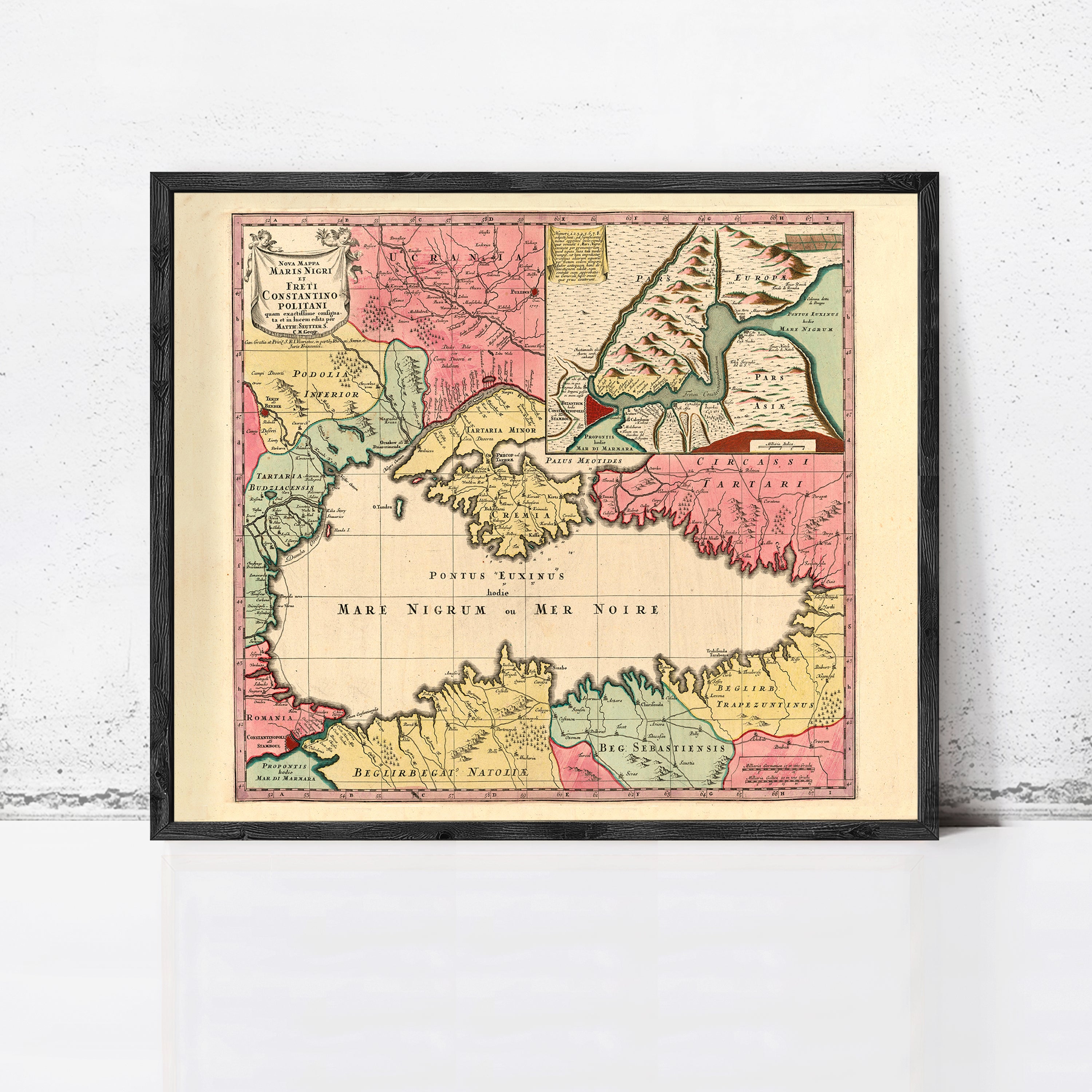 The image is a framed vintage map of the Mediterranean region, depicting various countries and geographical features.
